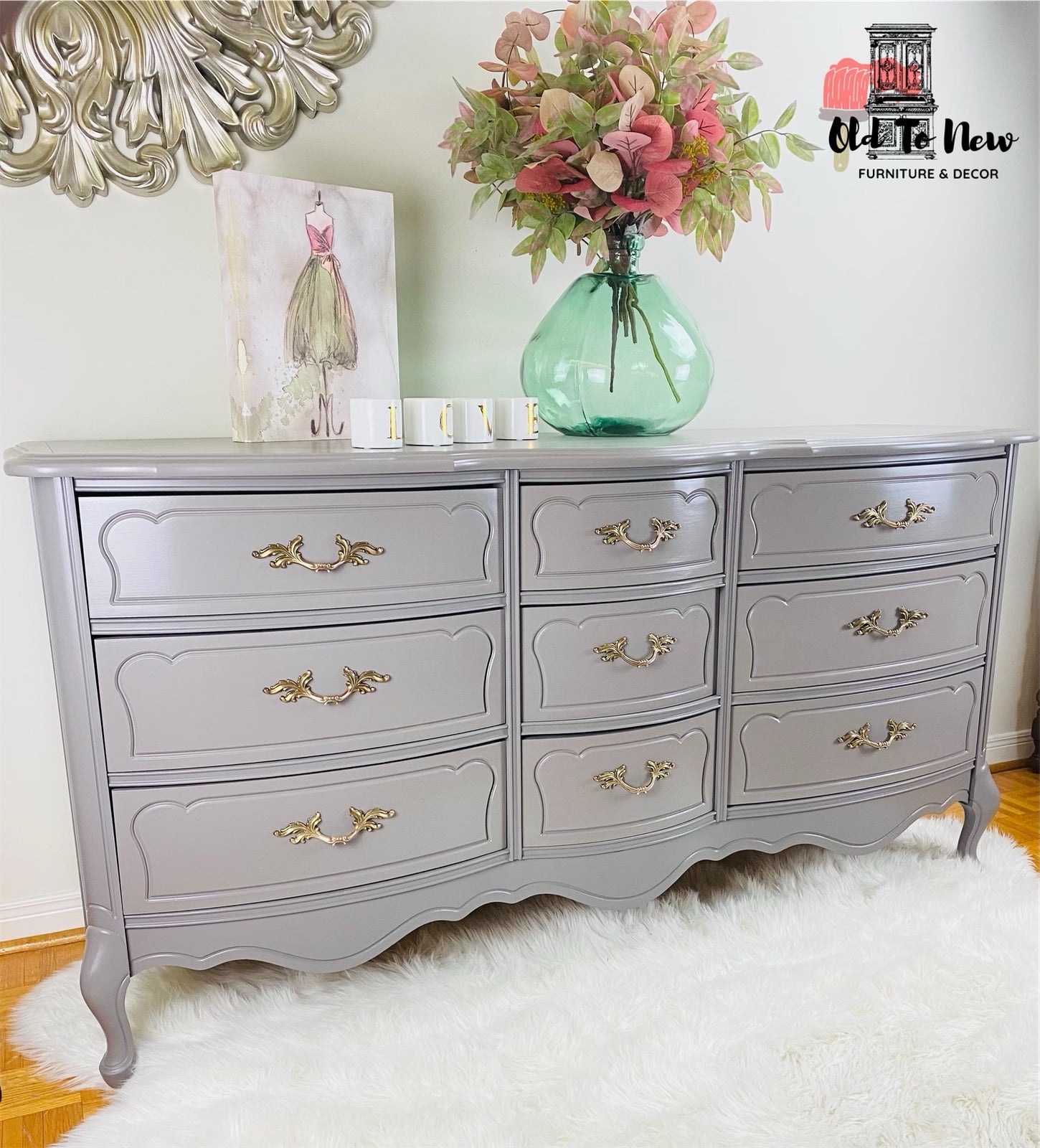9 drawer French Provincial  Dresser Painted Grey; Fusion Mineral Paint Hazelwood Color