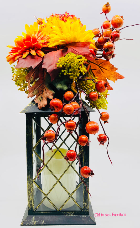 Beautiful Orange and Yellow Floral Center Piece with Candle - Fall Flower Arrangement