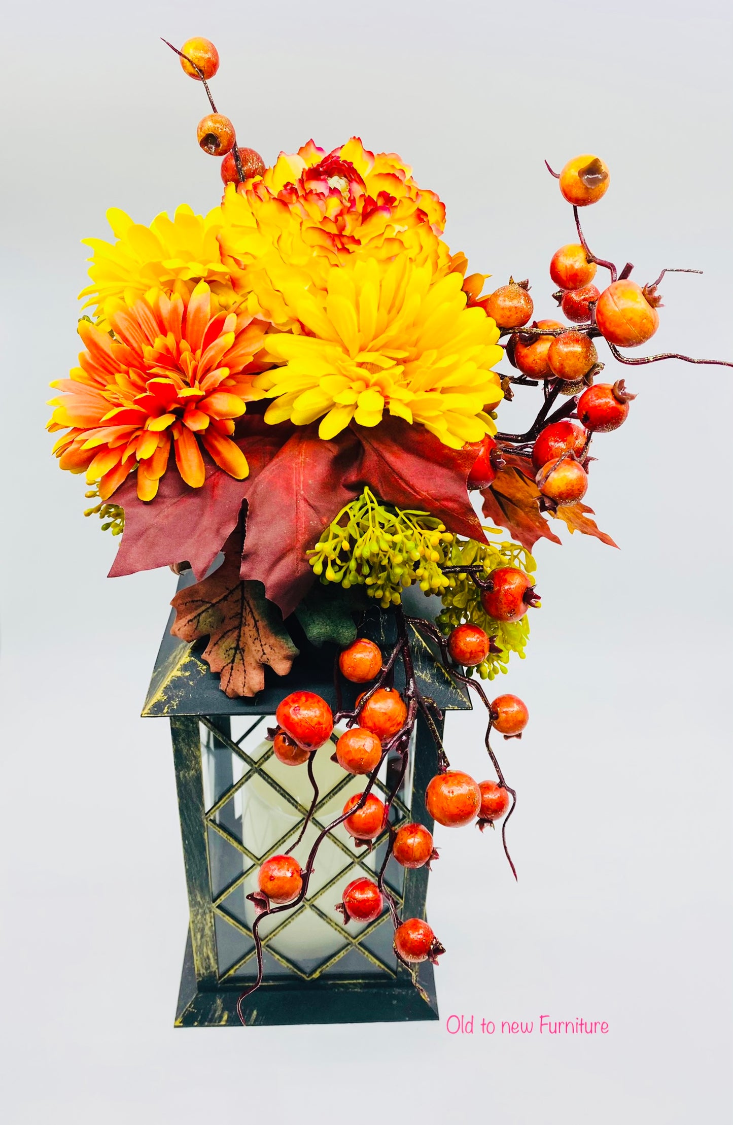 Beautiful Orange and Yellow Floral Center Piece with Candle - Fall Flower Arrangement