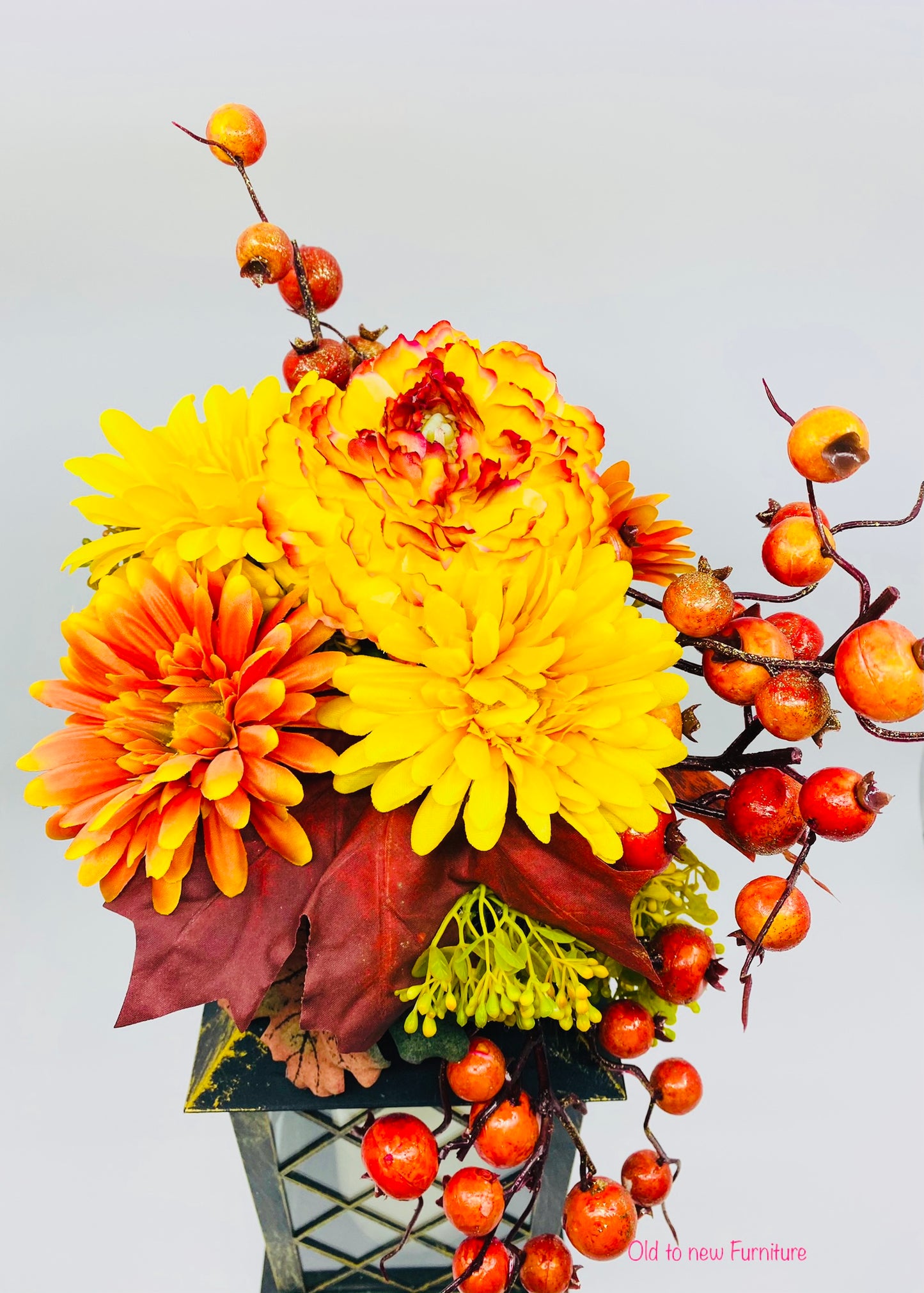 Beautiful Orange and Yellow Floral Center Piece with Candle - Fall Flower Arrangement