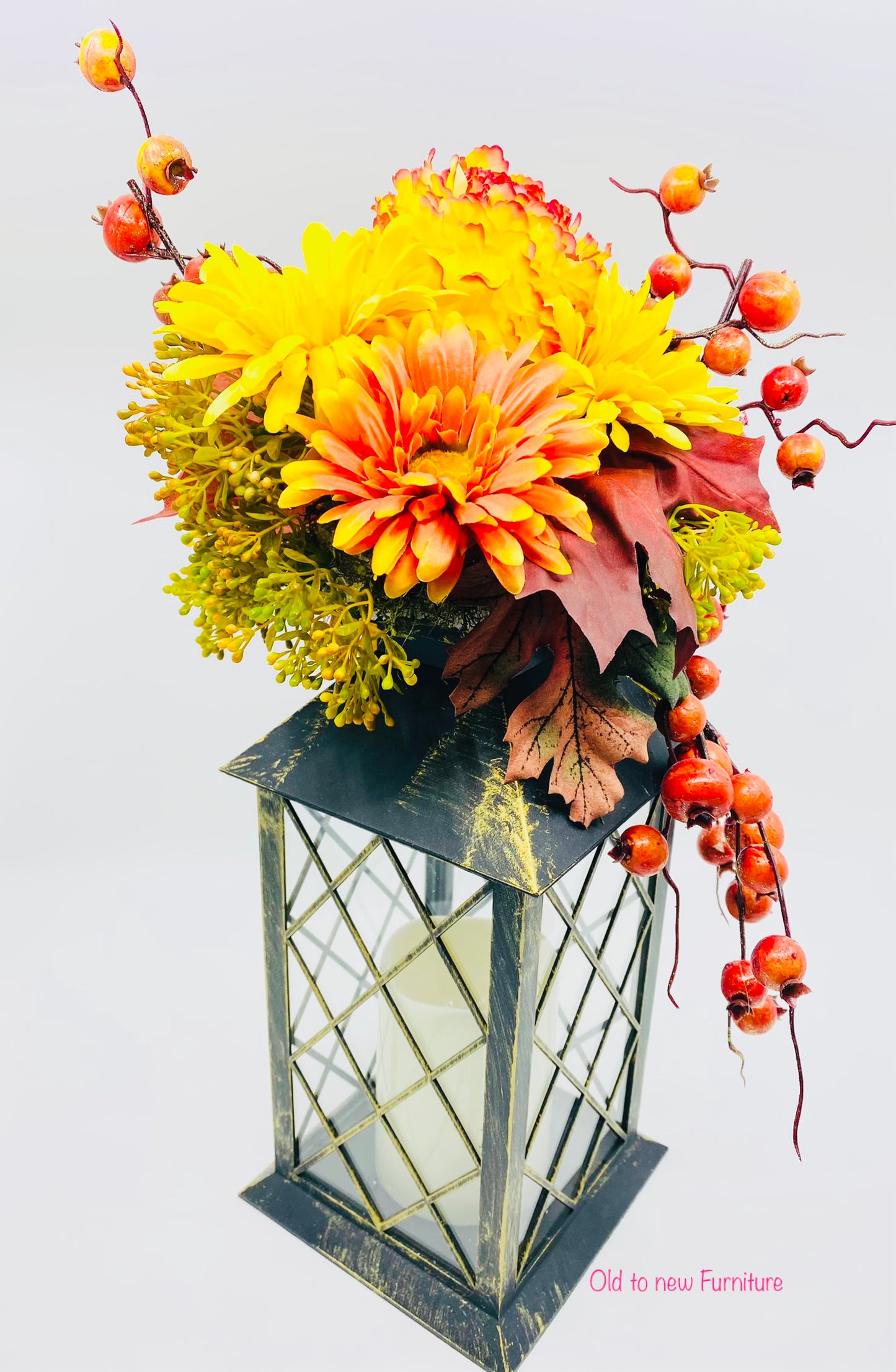 Beautiful Orange and Yellow Floral Center Piece with Candle - Fall Flower Arrangement