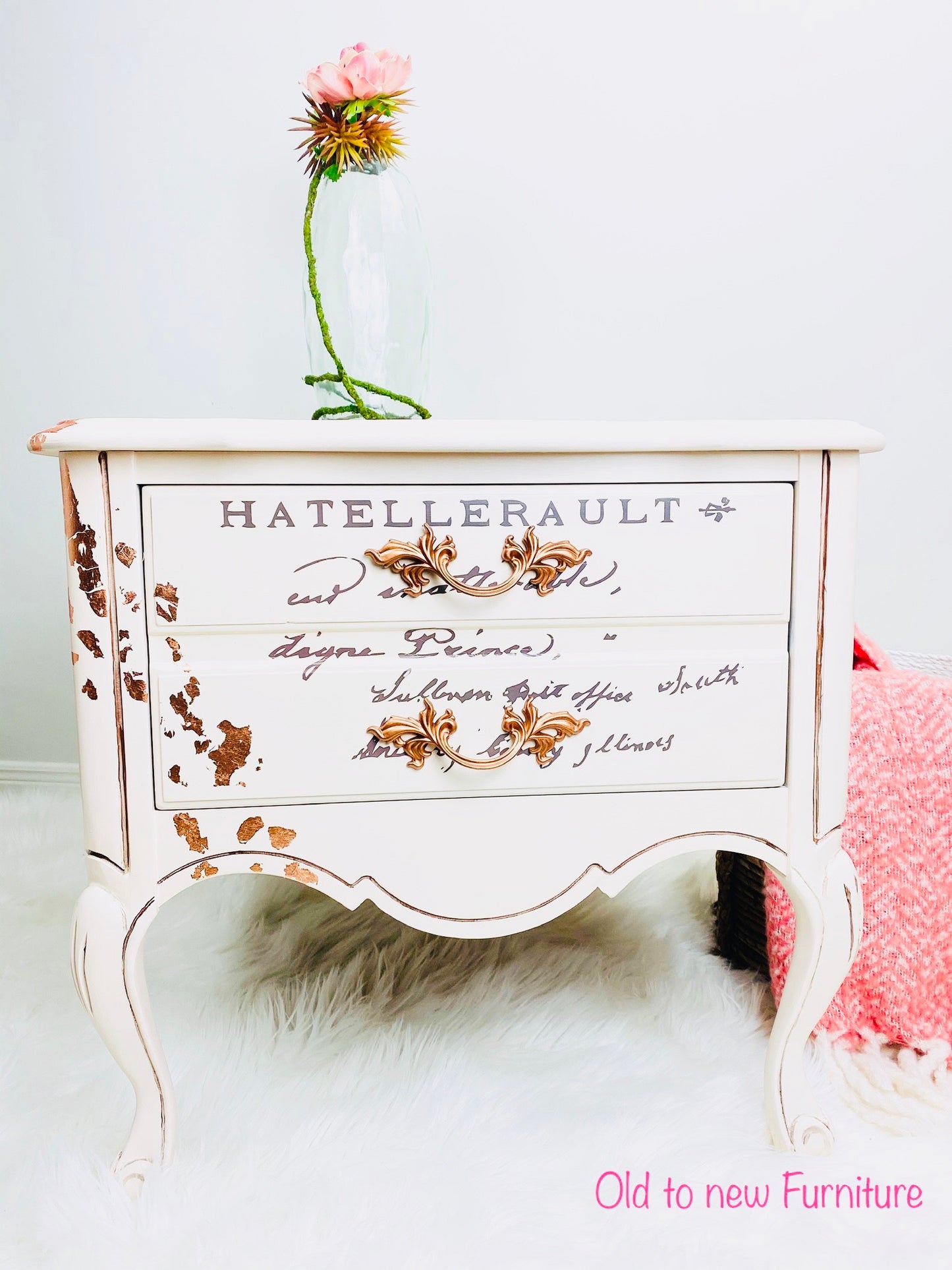 Vintage Antique French Provincial End Table Painted Pink with Rose Flower