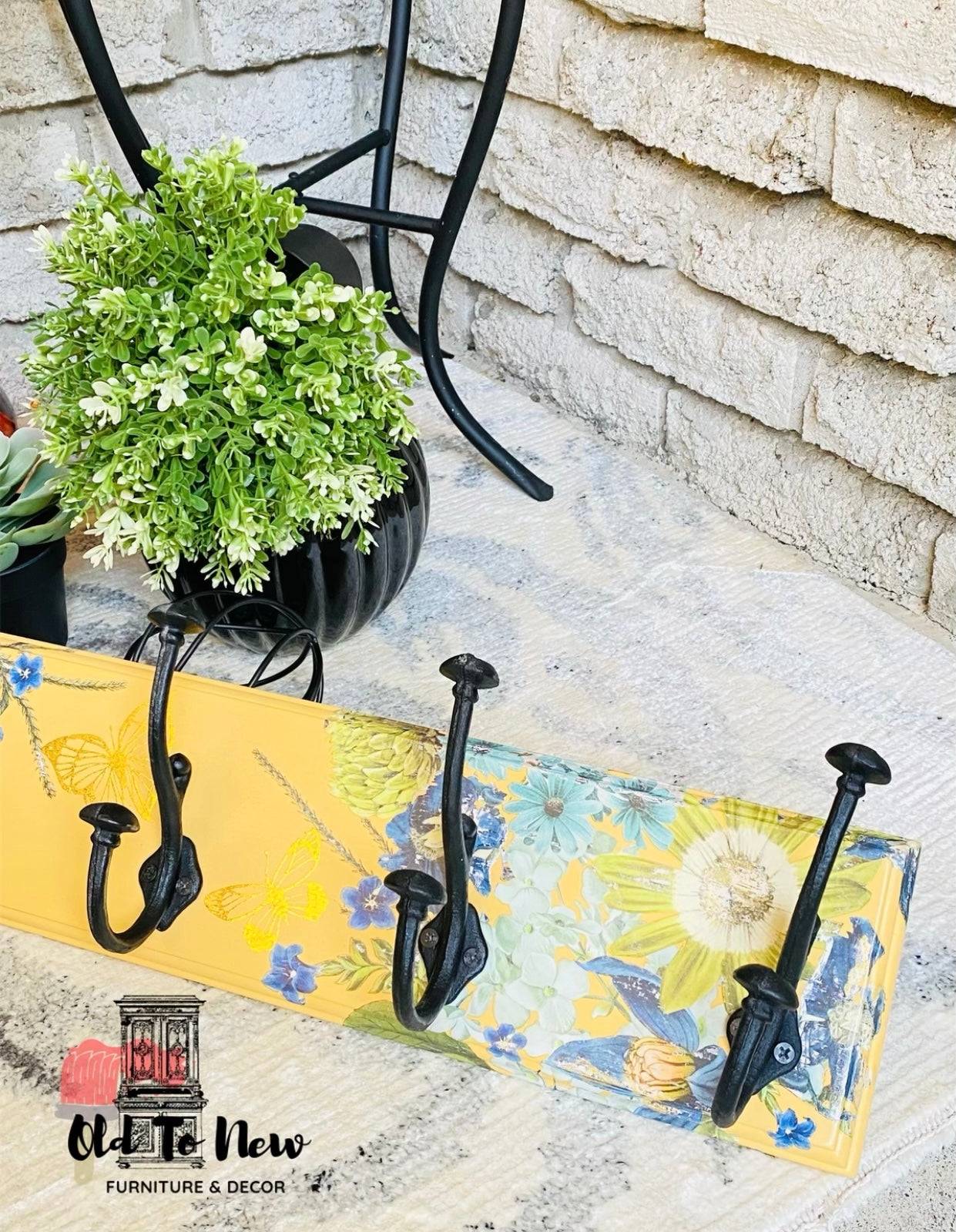 Vintage Coat Hook, Painted Yellow with Flower Design