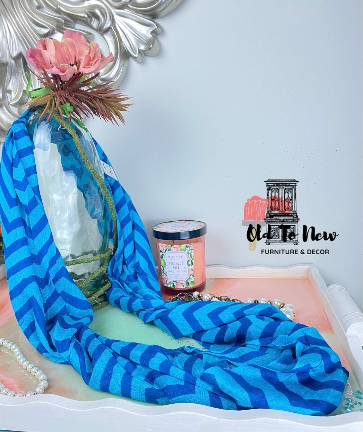 Blue Chevron Infinity Scarf Wavy Zig Zag Pattern