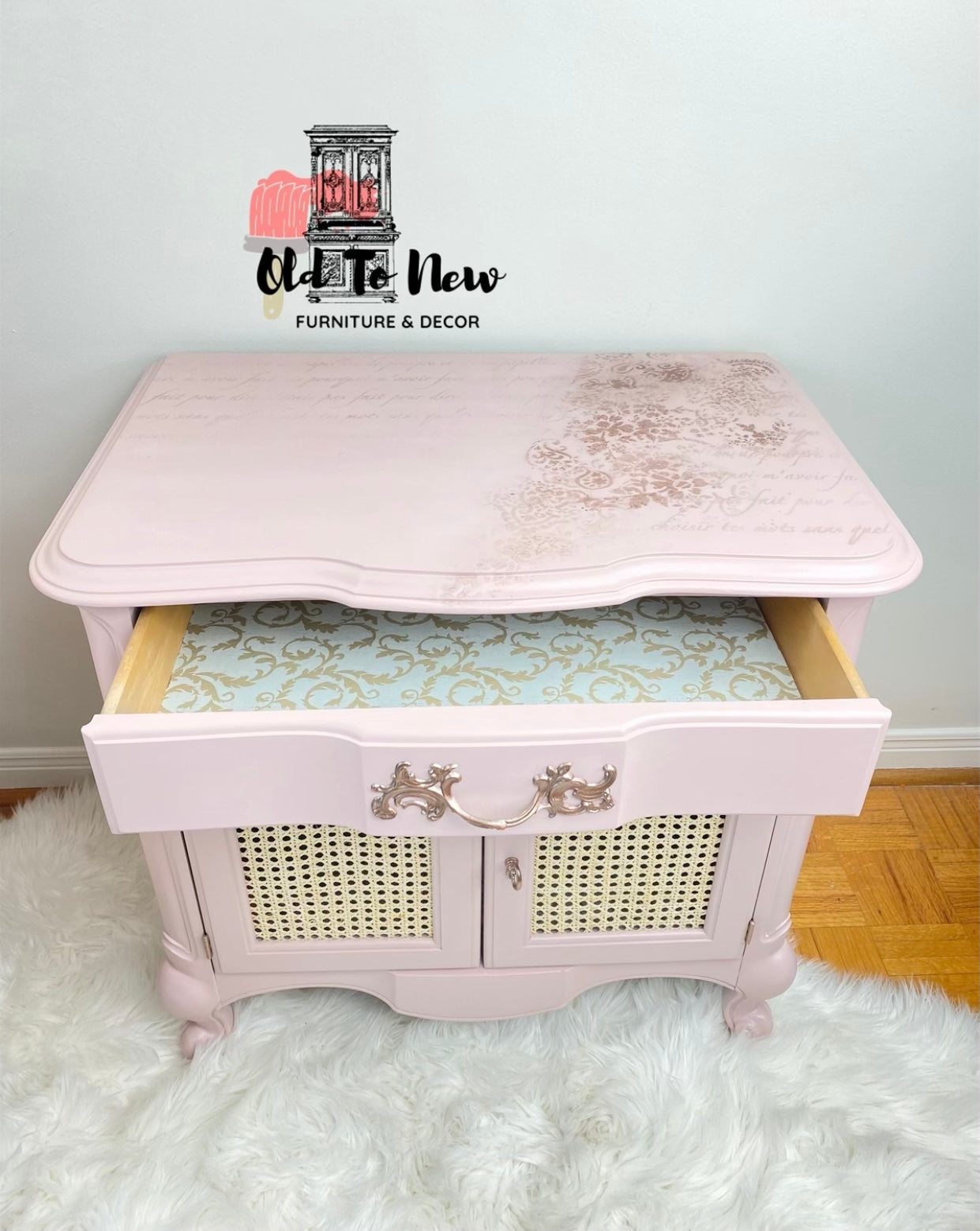 Pink side table with lined top drawer open;  Old to New Furniture and Decor Paint Pink