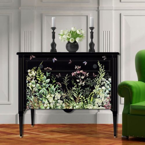 Rub on Image Transfer on Black 3 drawer sideboard; Marvelous Garden | Old to New Furniture , Toronto