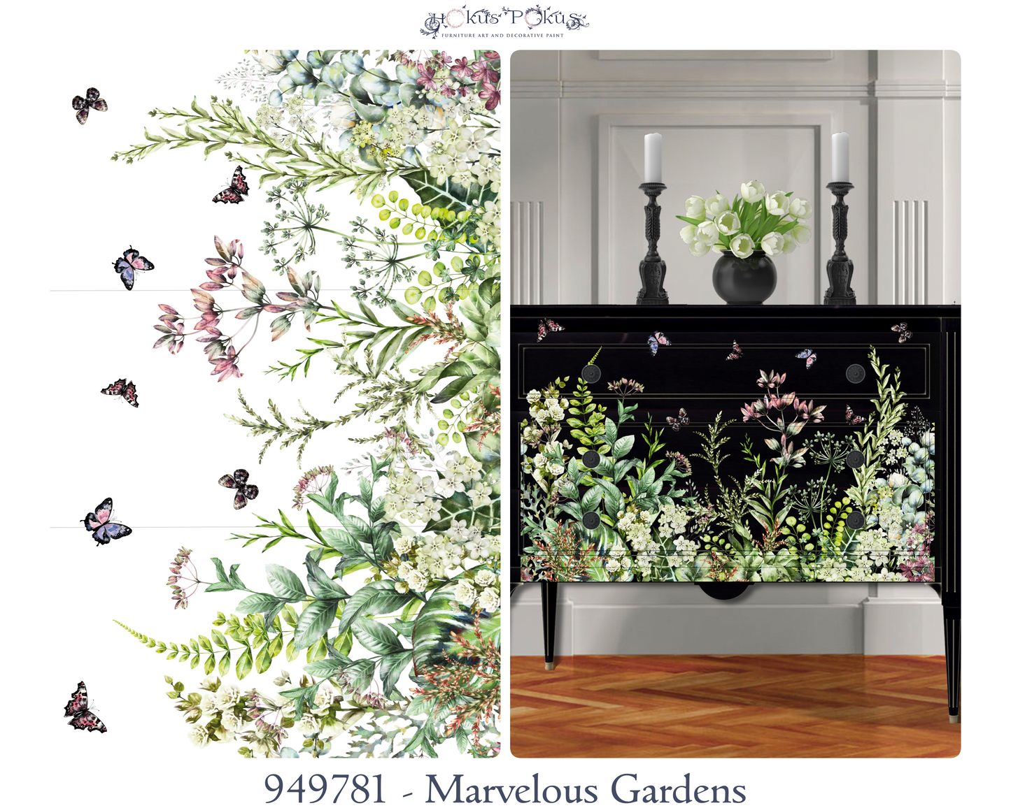 Hokus Pokus Transfer - Marvelous Gardens Furniture Transfer Green floral garden with butterflies