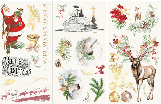 Hokus Pokus Decor Transfers - When Christmas Comes (Gold); Rub-on transfer with Santa Clause, pine cones, reindeers, ornaments & Christmas greens.