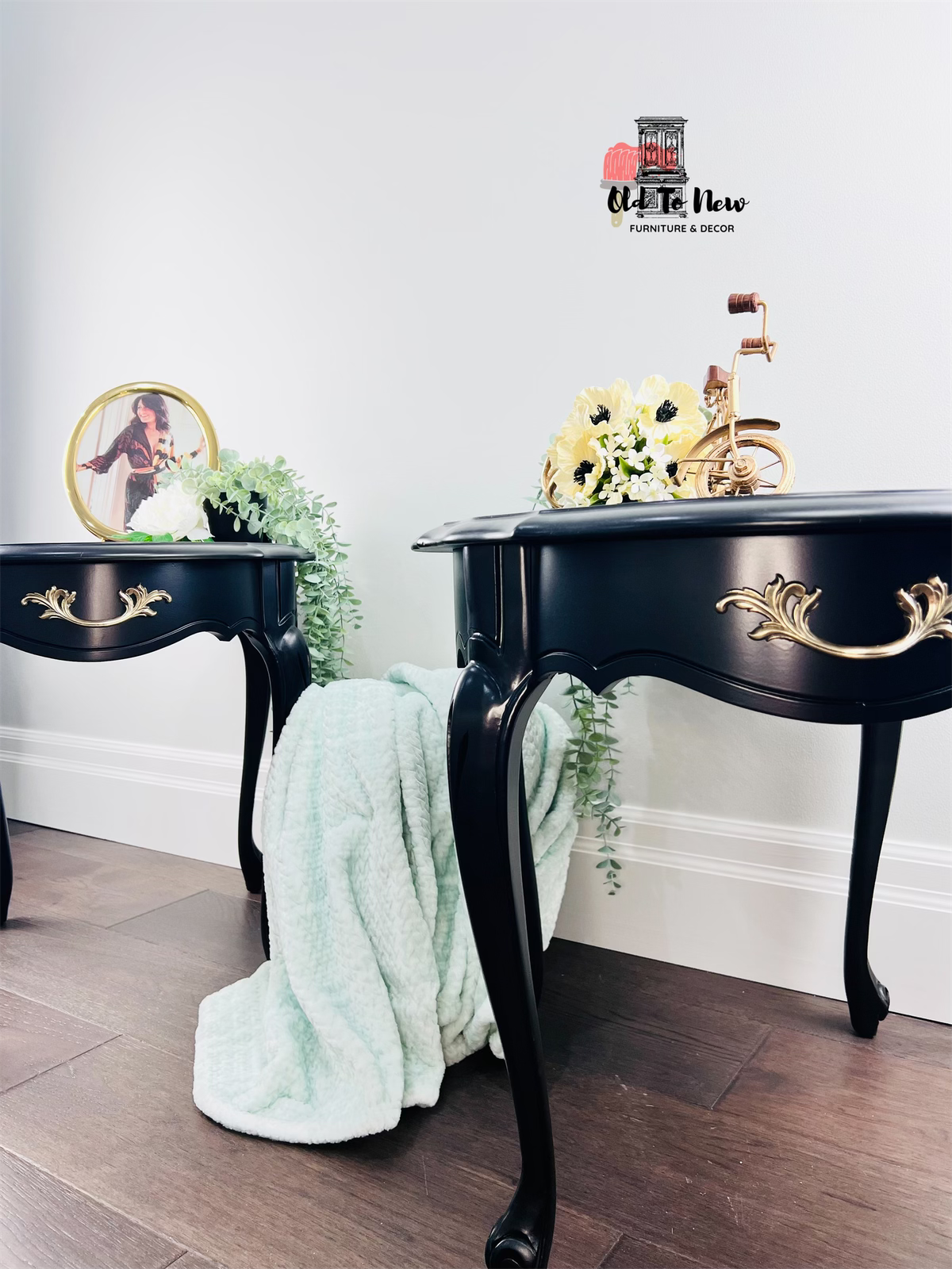 French Country Black and Gold Painted Nightstands | Rare antique Furniture for Sale