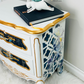 Eclectic French country decor, modern elegance furnishing. White, blue, gold end table  at oldtonewfurniture.ca