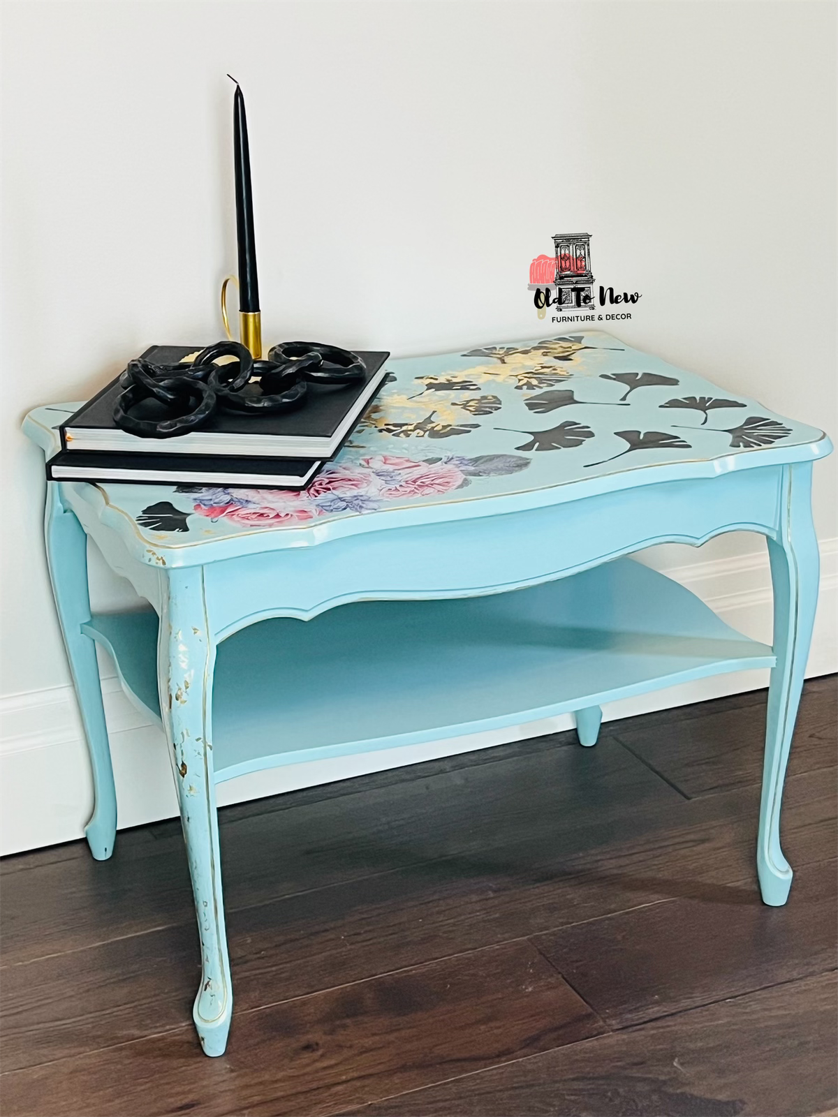 Blue Two Tiered Centre Table Painted with Ginko Leaves and Flora Accents
