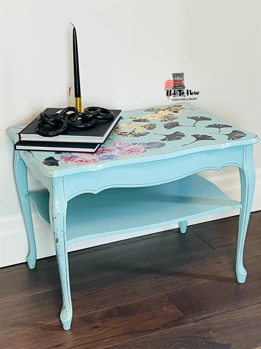 Blue Two Tiered Centre Table Painted with Ginko Leaves and Flora Accents