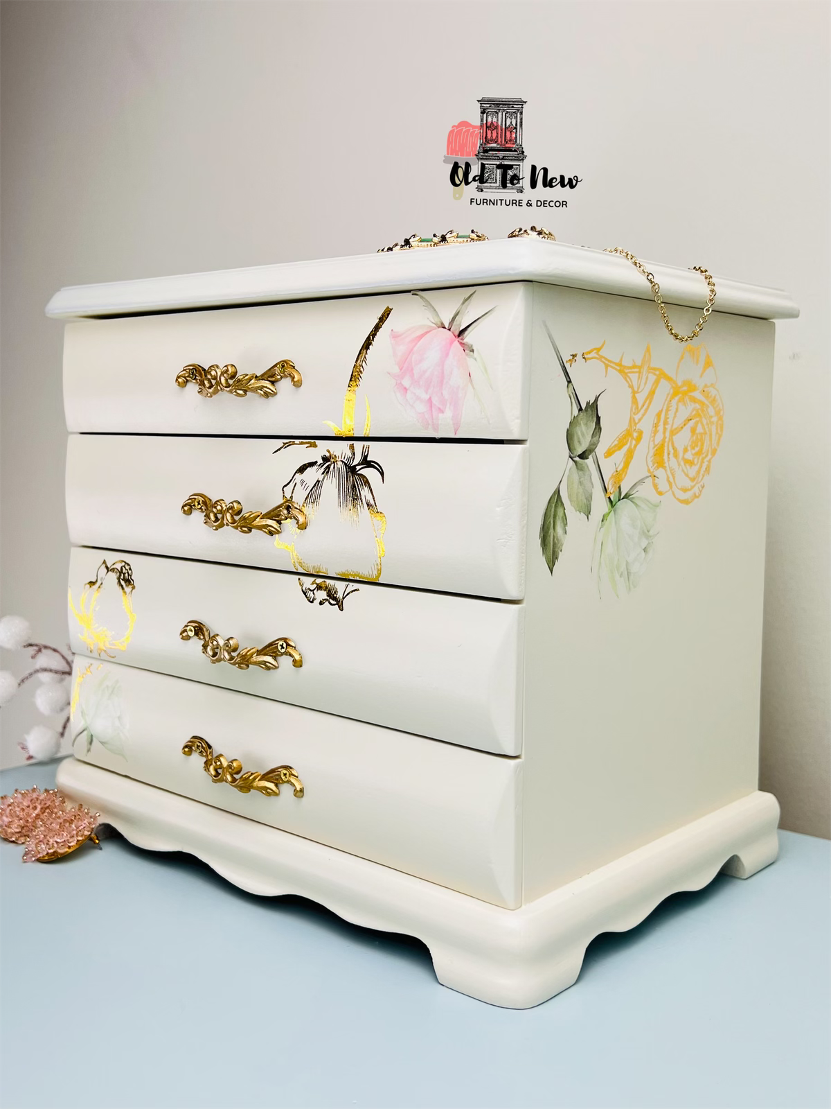 Vintage Jewelry Box Painted with Flower Designs Applied