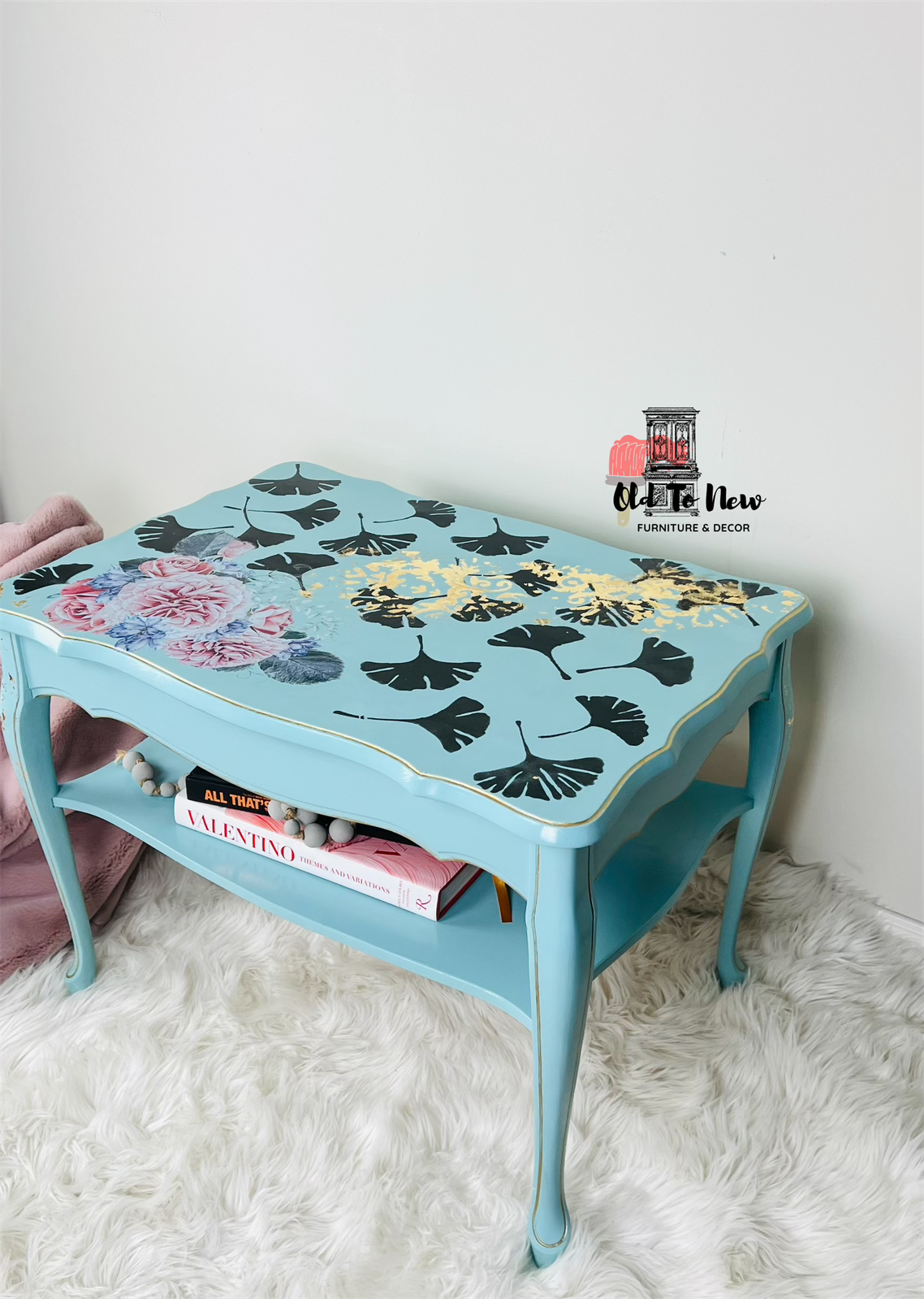 Blue Two Tiered Accent Table with Floral Design, Gold Foil and Ginko Leaves. Old to New Furniture & Decor. Toronto Furniture Store