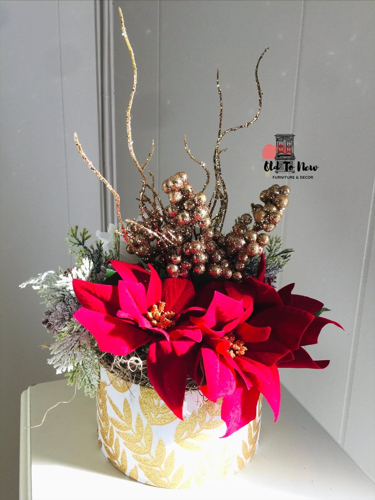 Red Poinsettia and Peony Flower Arrangement, Christmas Decor