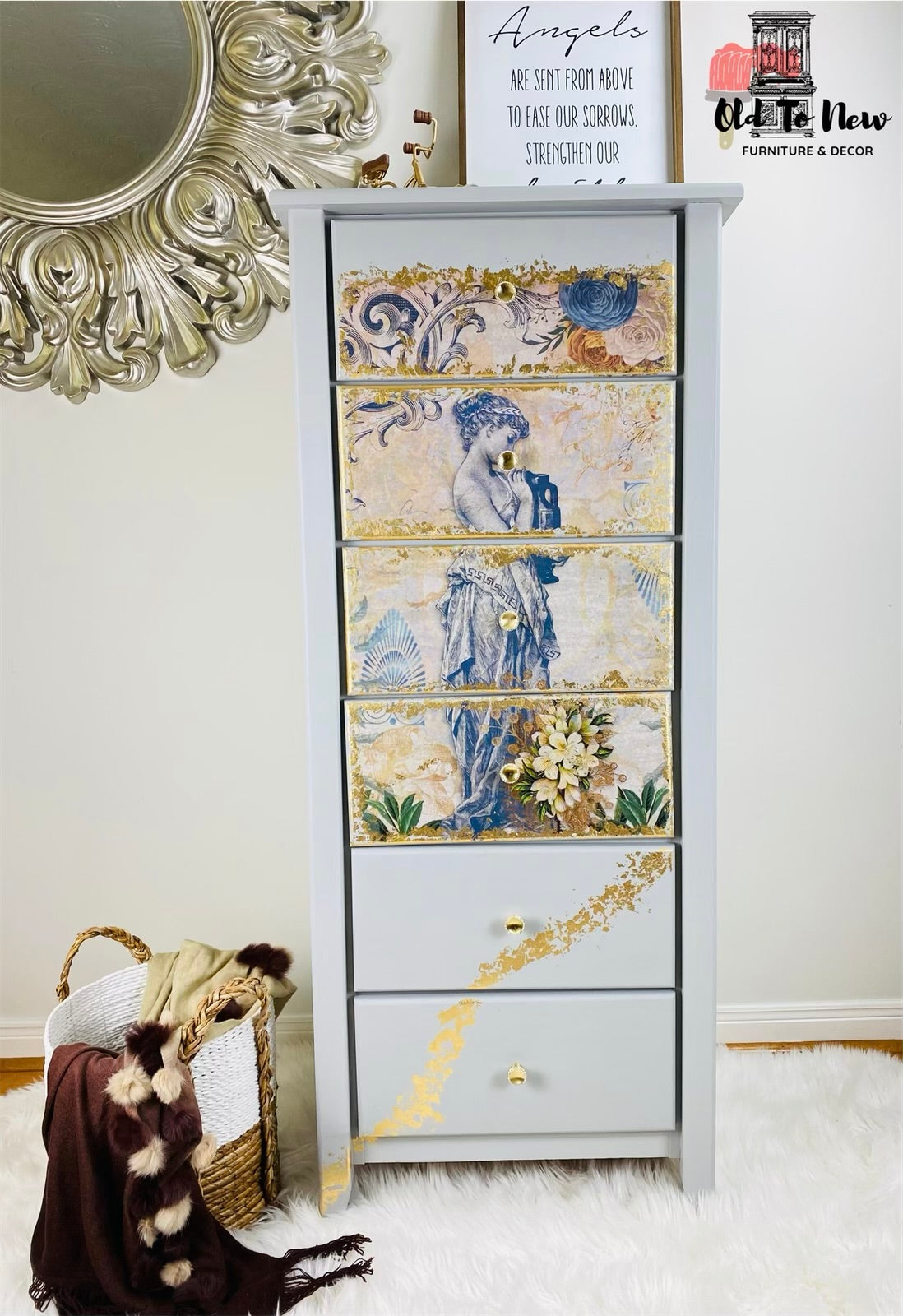 Spectacular 6 Drawer Lingerie Dresser Decoupaged and Painted Grey with Fusion Mineral Paint and Gold Leafed