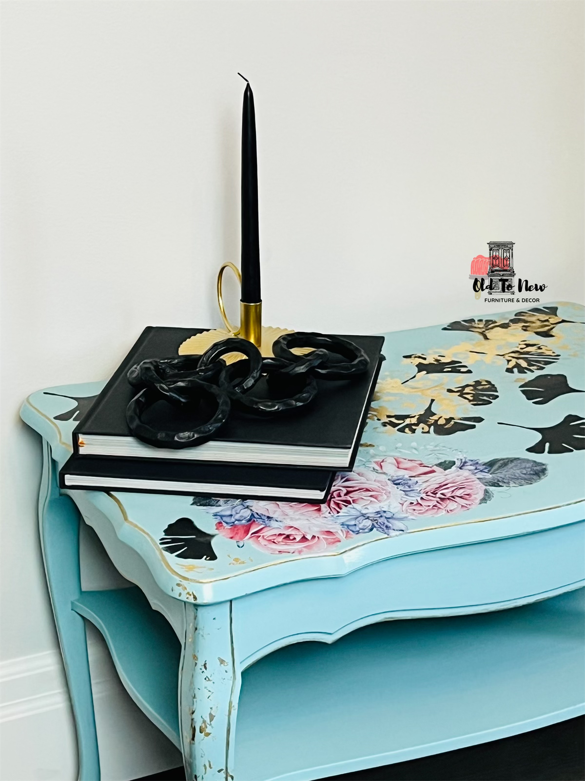 Blue Two Tiered Centre Table Painted with Ginko Leaves and Flora Accents