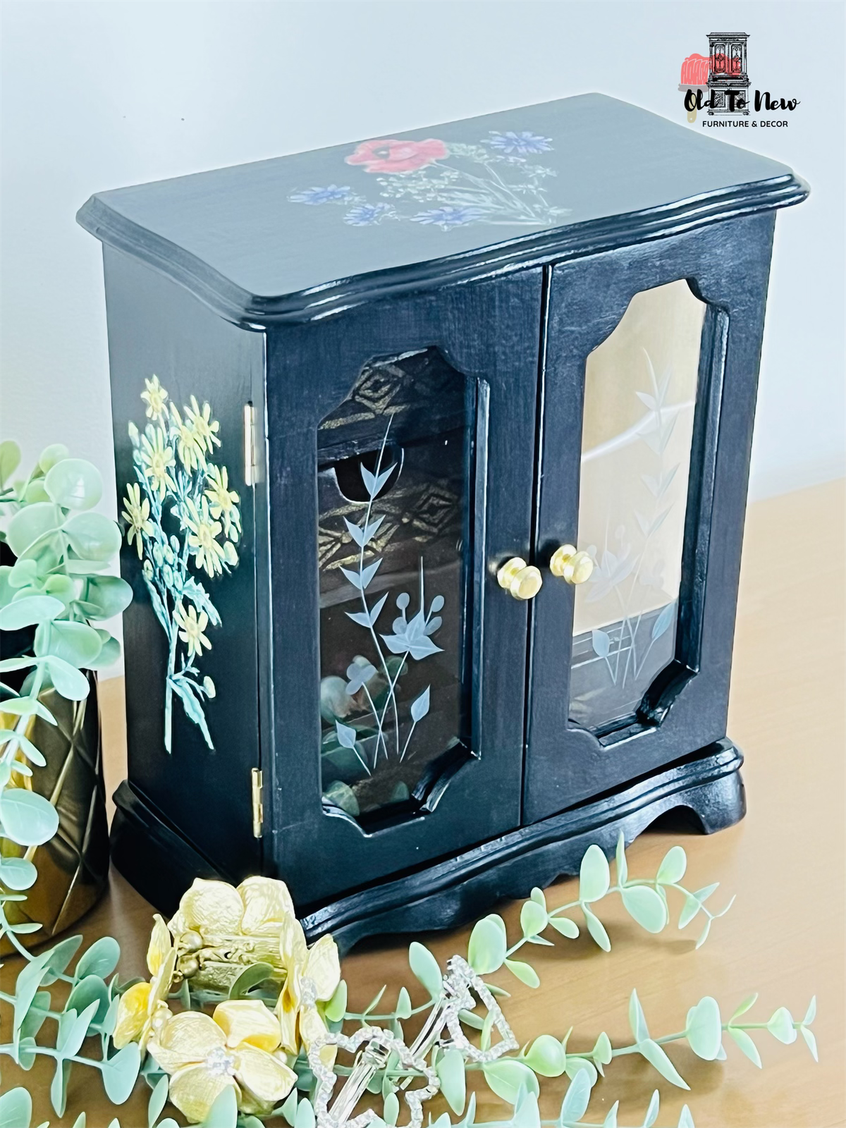 Black Decorated Jewelry Box ; O(ld to New Furniture. Jewelry case for rings, earrings and necklace