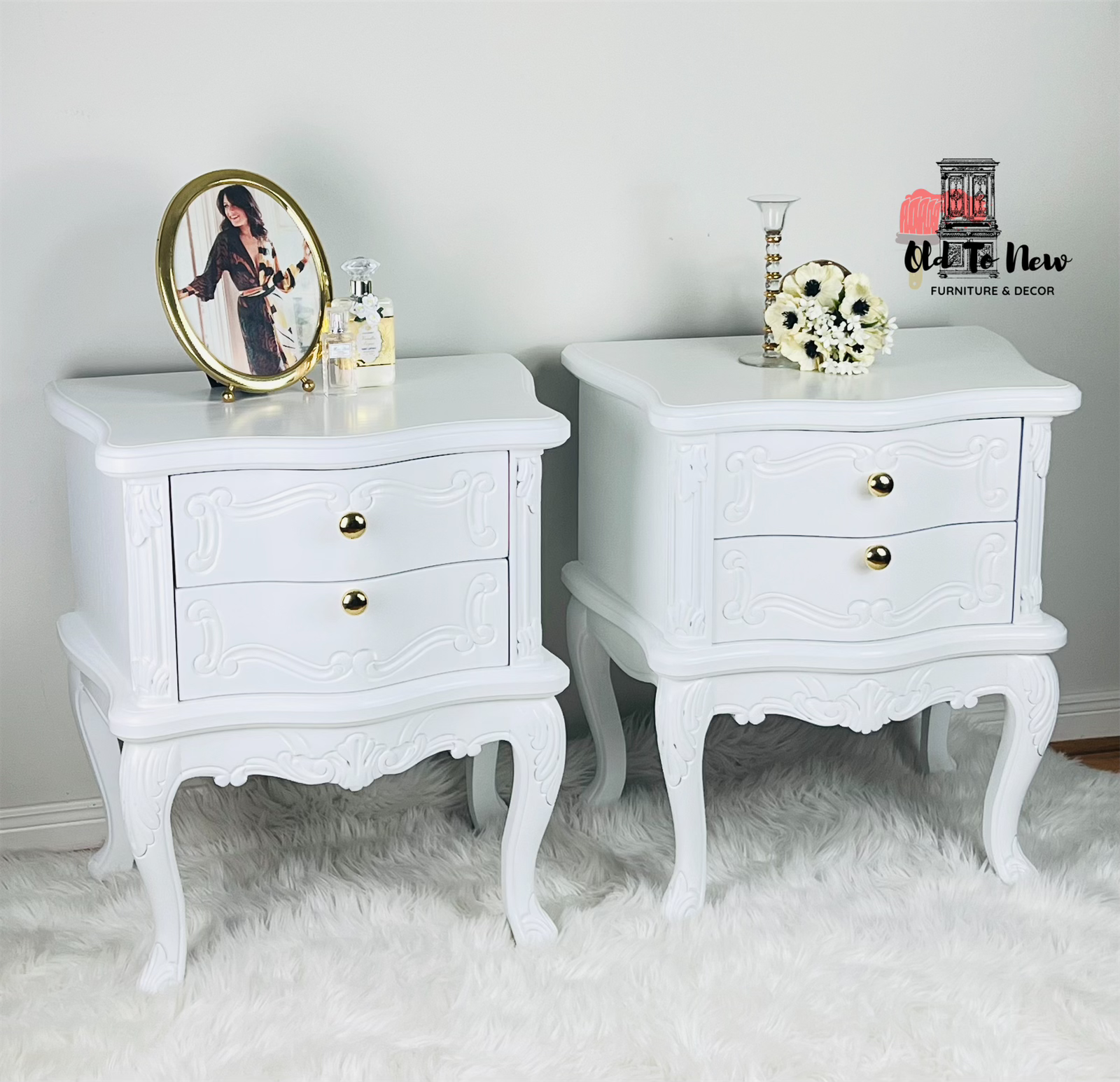 Ornate White End Tables, painted with Picket Fence From Fusion Mineral Paint. Old to New Furniture & Decor