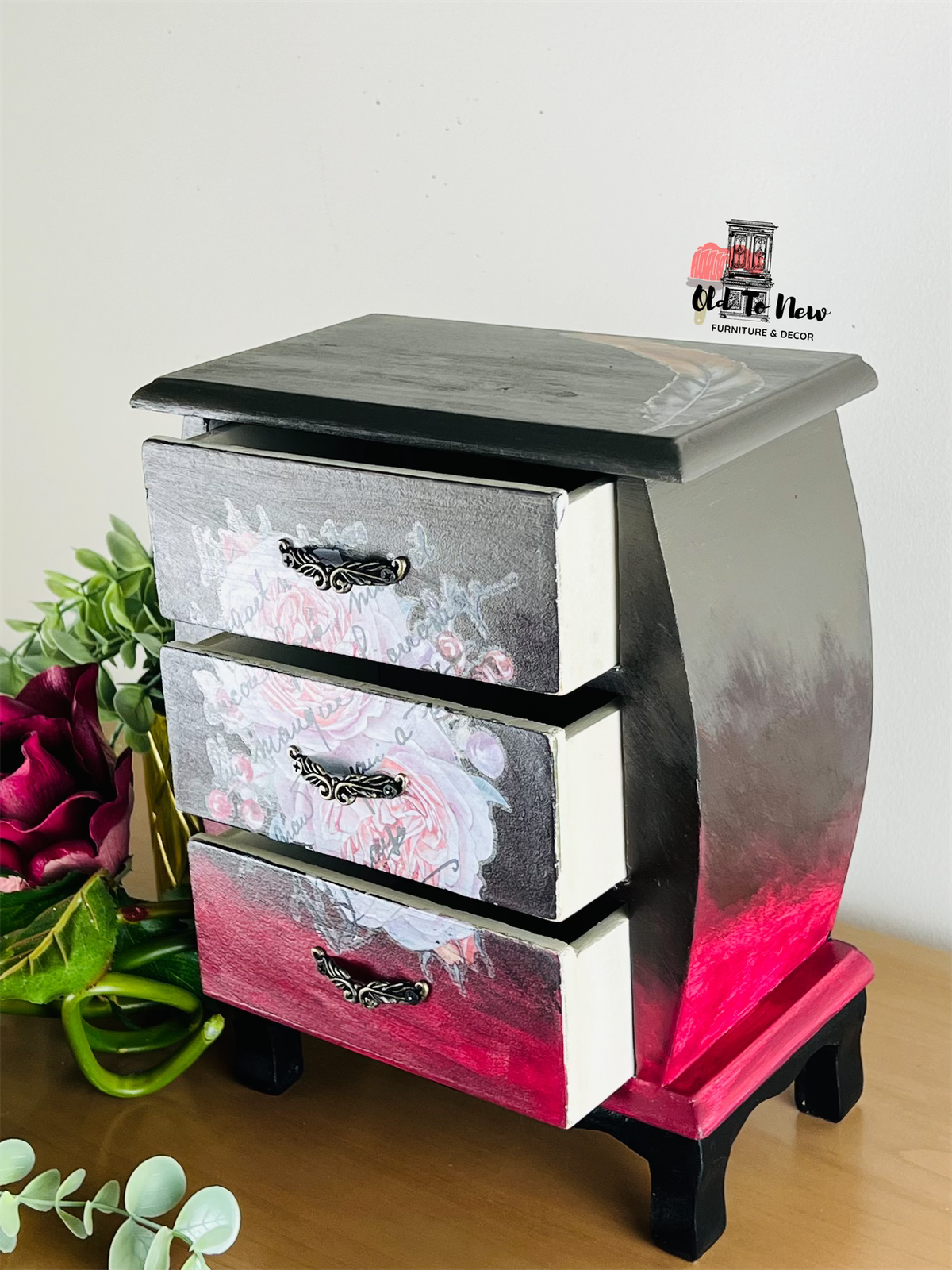 3 drawer Black and Pink Ombre Style Jewelry Chest, Old to  New Furniture & Decor
