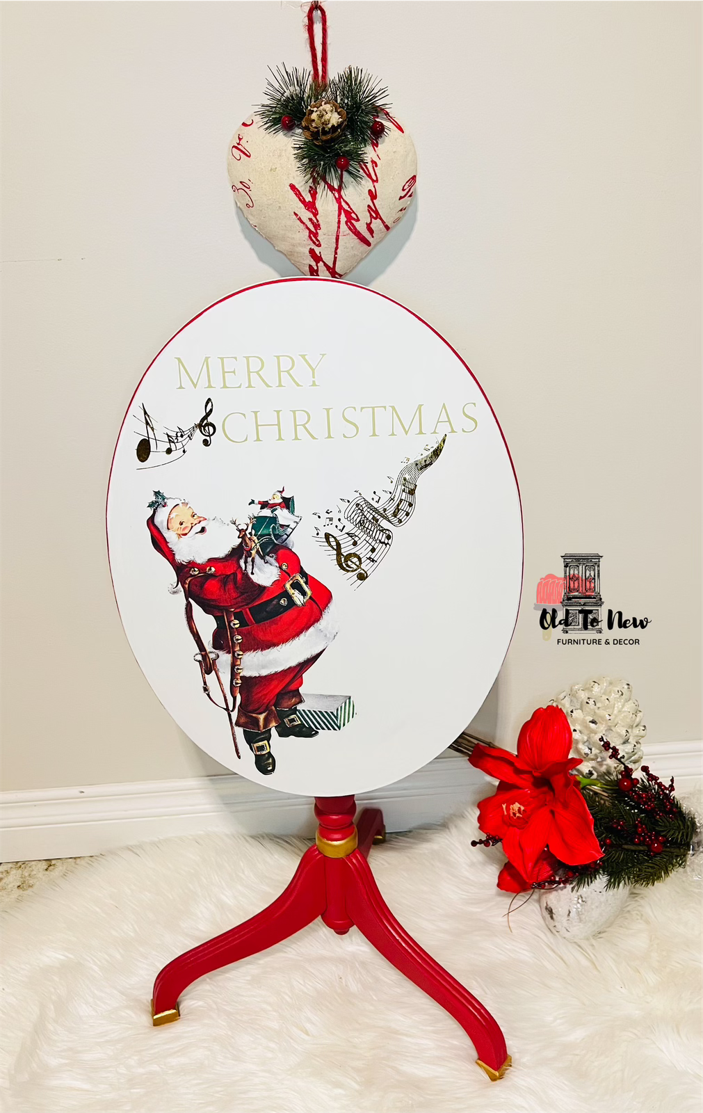 Red, white and gold Christmas accent table, painted antique furniture, like Homesence Toronto Furniture