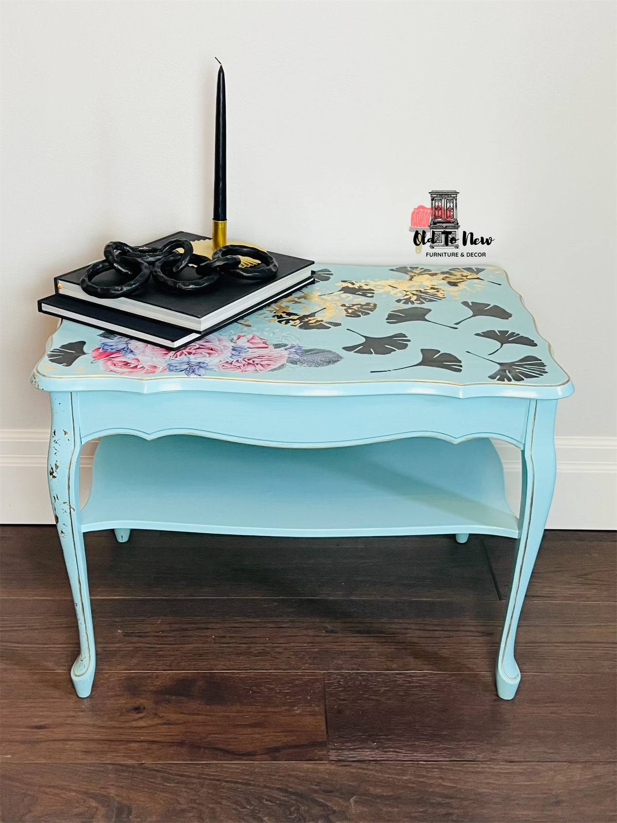 Blue Two Tiered Centre Table Painted with Ginko Leaves and Flora Accents