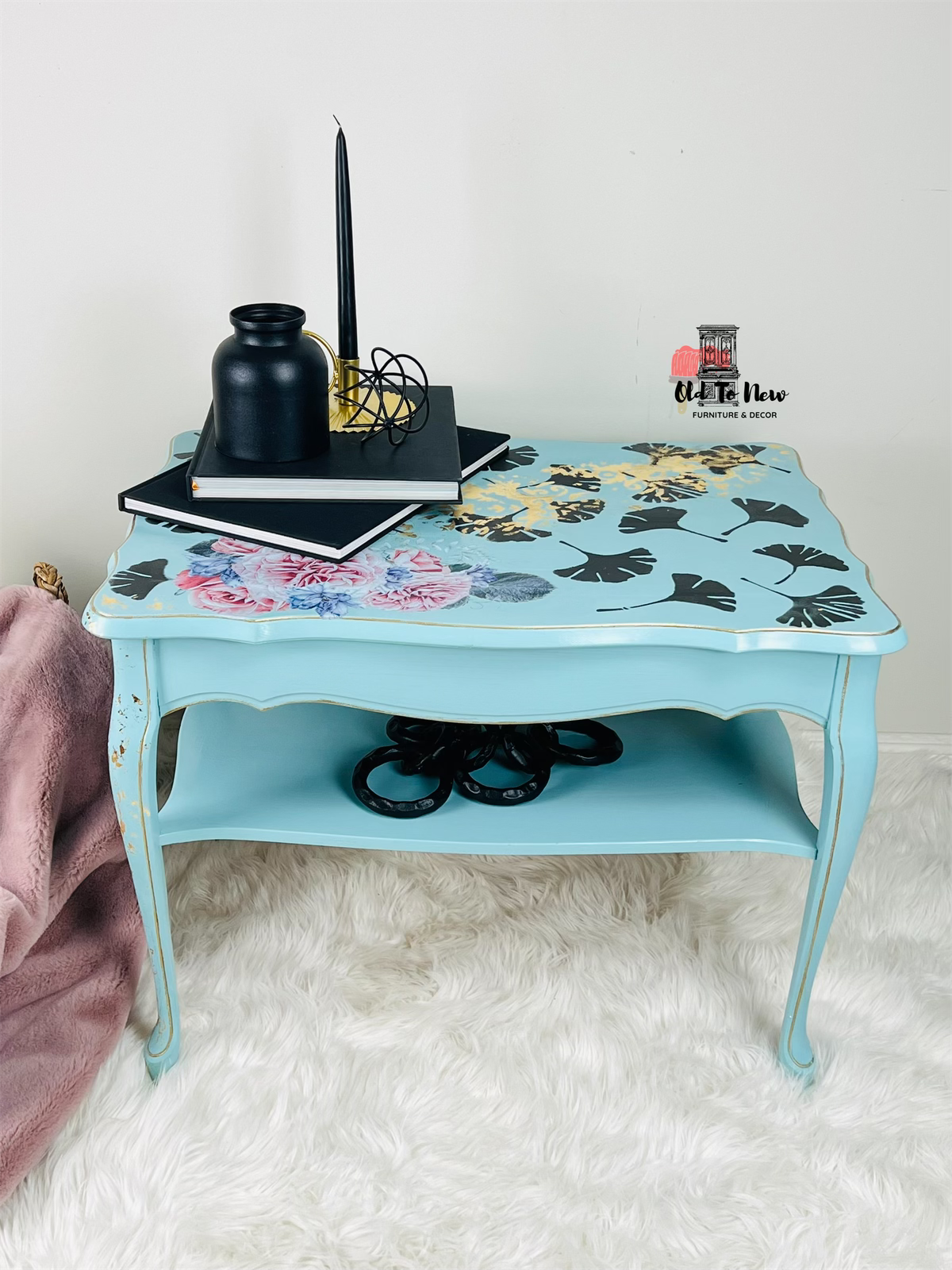 Blue Two Tiered Centre Table Painted with Ginko Leaves and Flora Accents