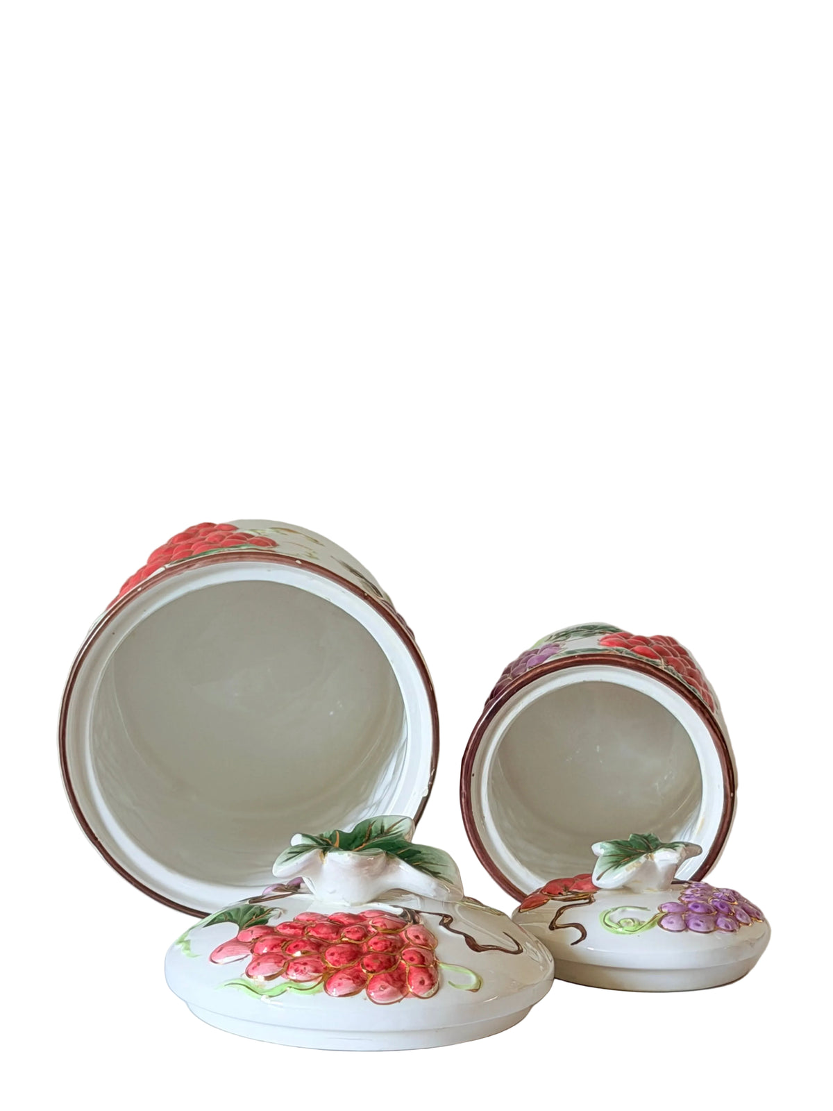 Vintage 3D Ceramic Grape Canister Set of 2 – Embossed Tuscan Kitchen Storage Jars