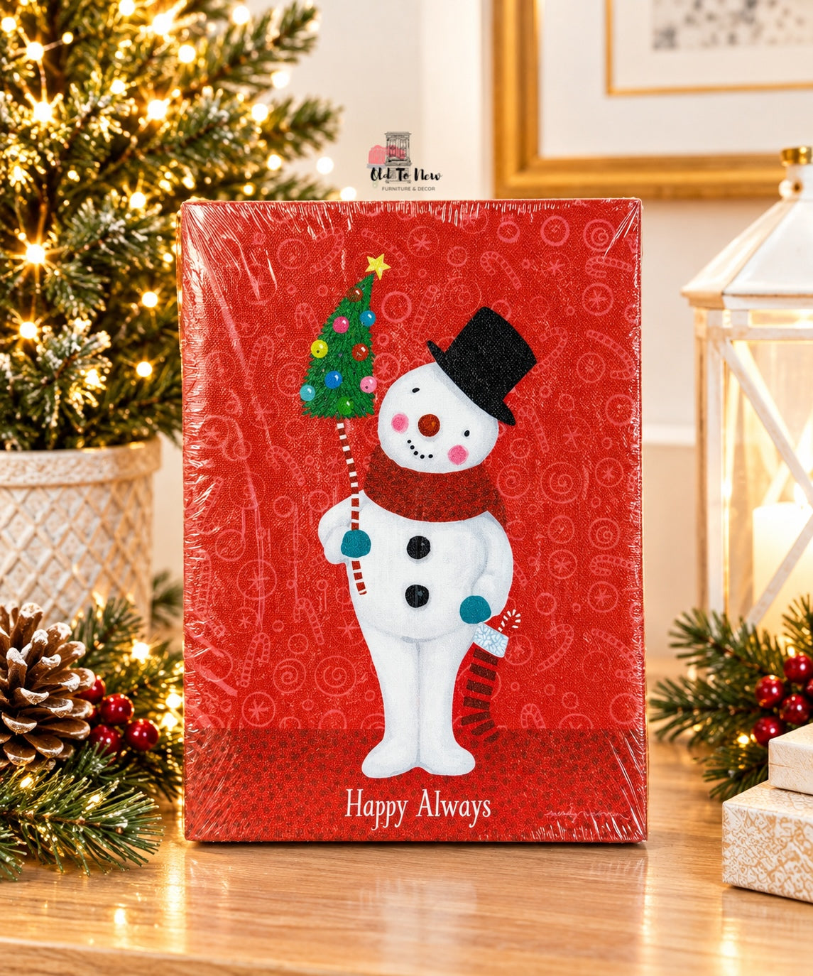 Light-Up Wendy Wiinanen "Happy Always" Red Snowman Stretched Canvas Wall Art