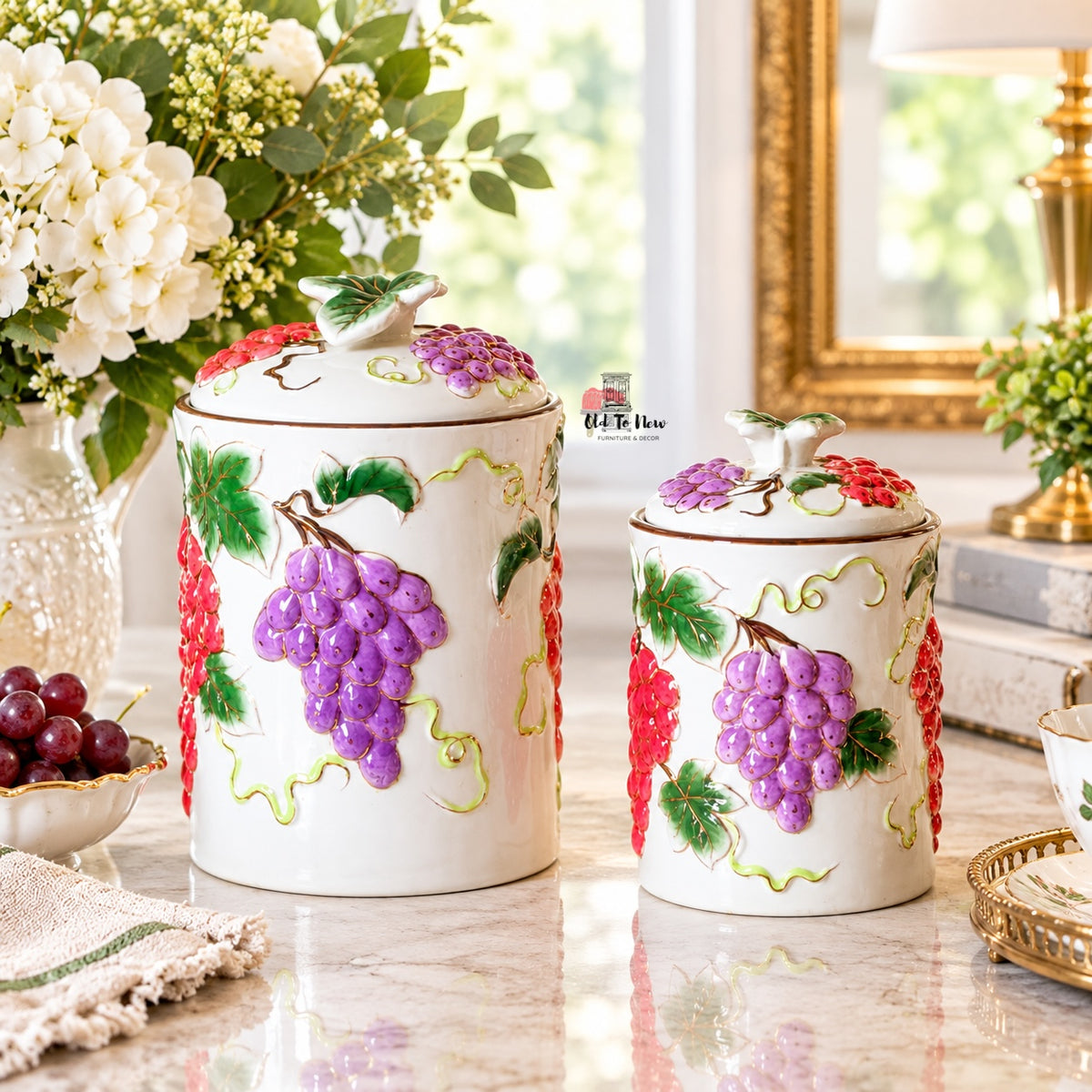 Vintage 3D Ceramic Grape Canister Set of 2 – Embossed Tuscan Kitchen Storage Jars