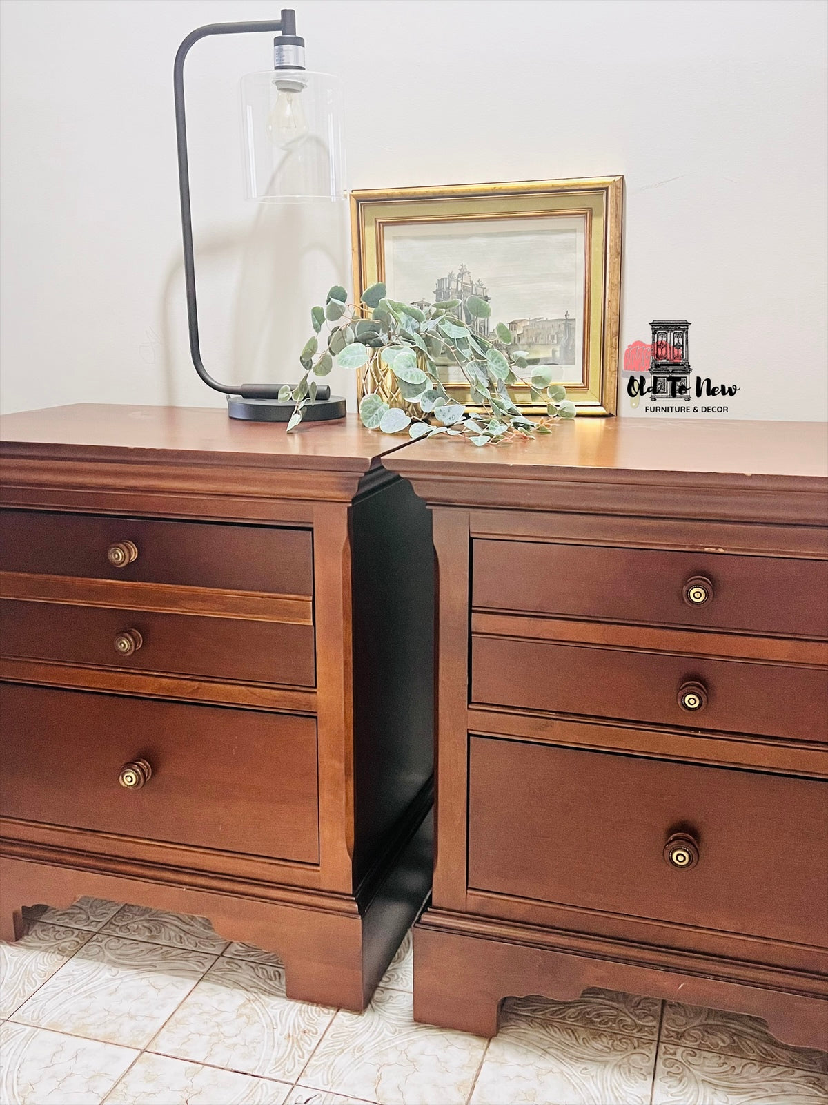 Wooden end tables with a lamp, plant, and framed picture on top; Old to New Furniture & Decor, Toronto Canada