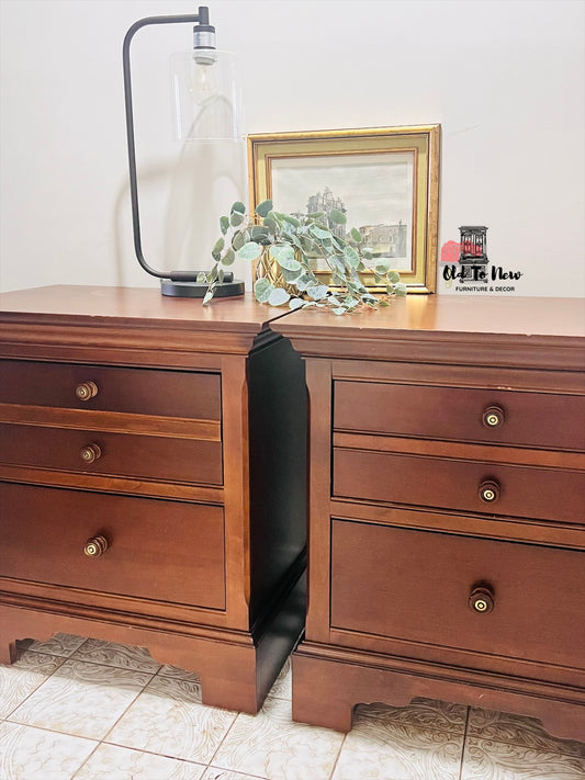 Wooden end tables with a lamp, plant, and framed picture on top; Old to New Furniture & Decor, Toronto Canada