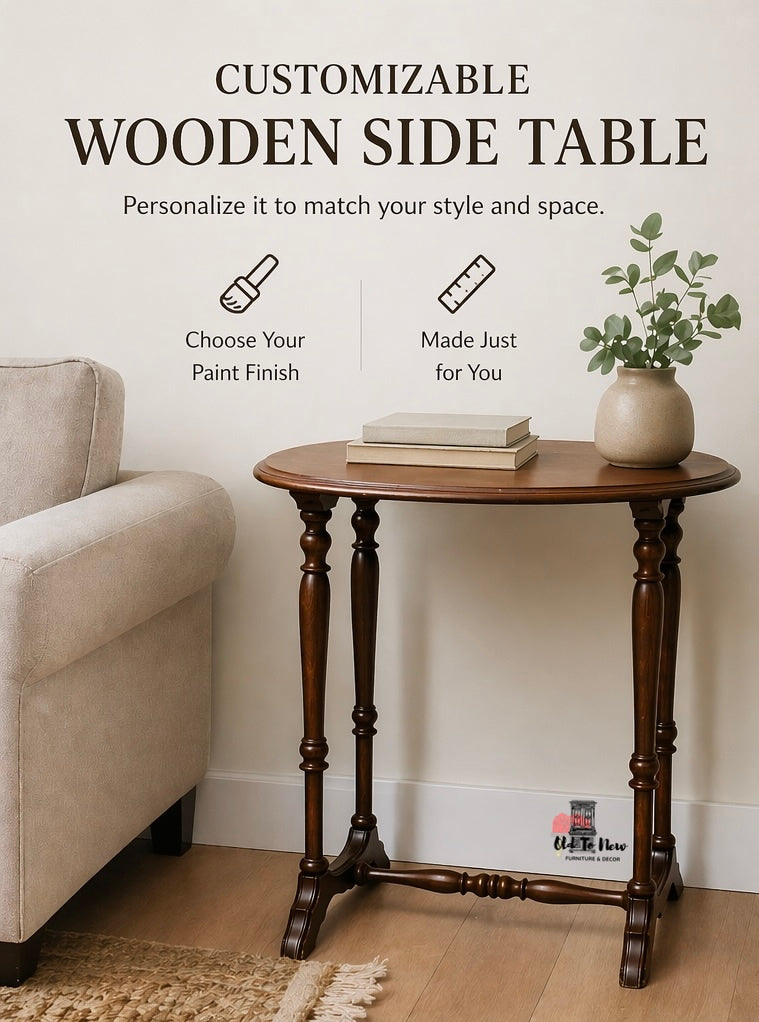 Customizable wooden Eastlake Style side table in a living room setting with a neutral color scheme.