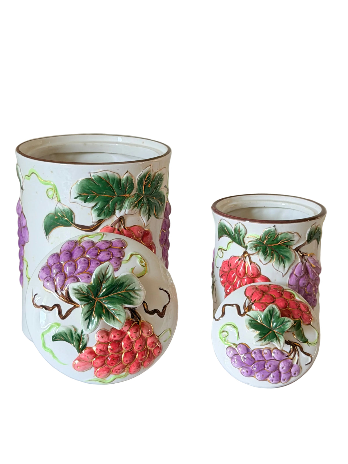 Vintage 3D Ceramic Grape Canister Set of 2 – Embossed Tuscan Kitchen Storage Jars