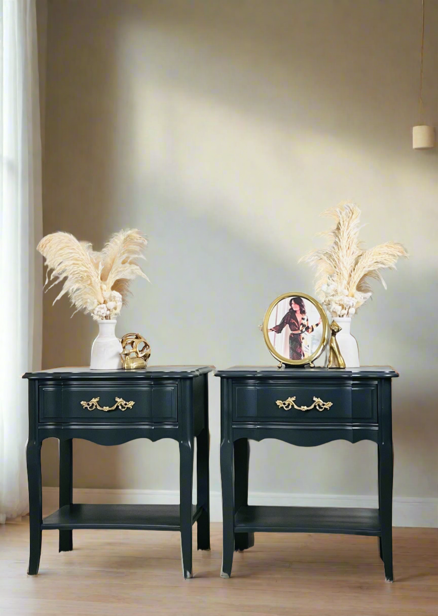 Pair of Elegant & Beautiful French Provincial Charcoal End Tables, Painted with Ash from Fusion Mineral Paint