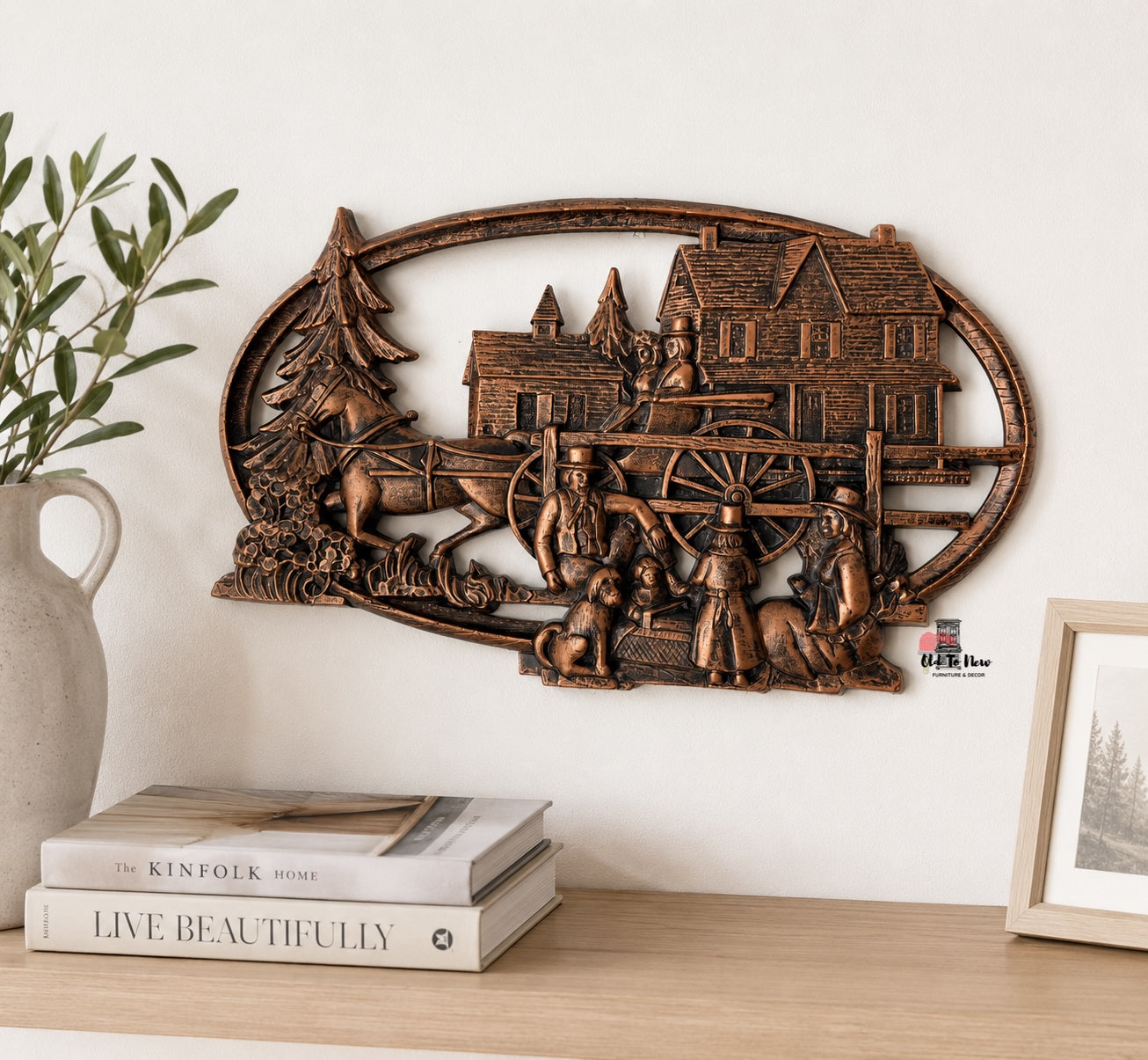 Vintage Copper-Tone Cast Metal Wall Plaque with Colonial Scene