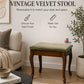 Vintage velvet stool in a living room setting with customizable options text.