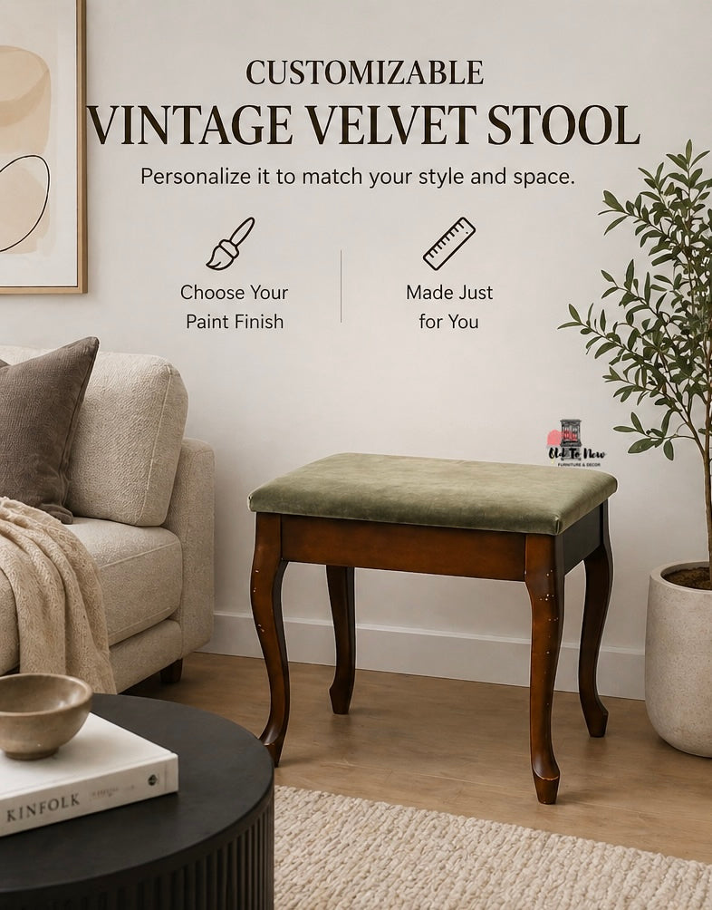 Vintage velvet stool in a living room setting with customizable options text.