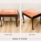 Vintage wooden stool with pink cushioned top from front and side views on a light wood floor.
