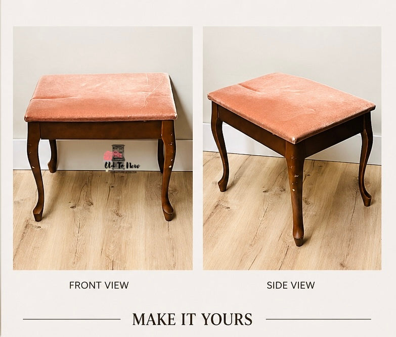 Vintage wooden stool with pink cushioned top from front and side views on a light wood floor.