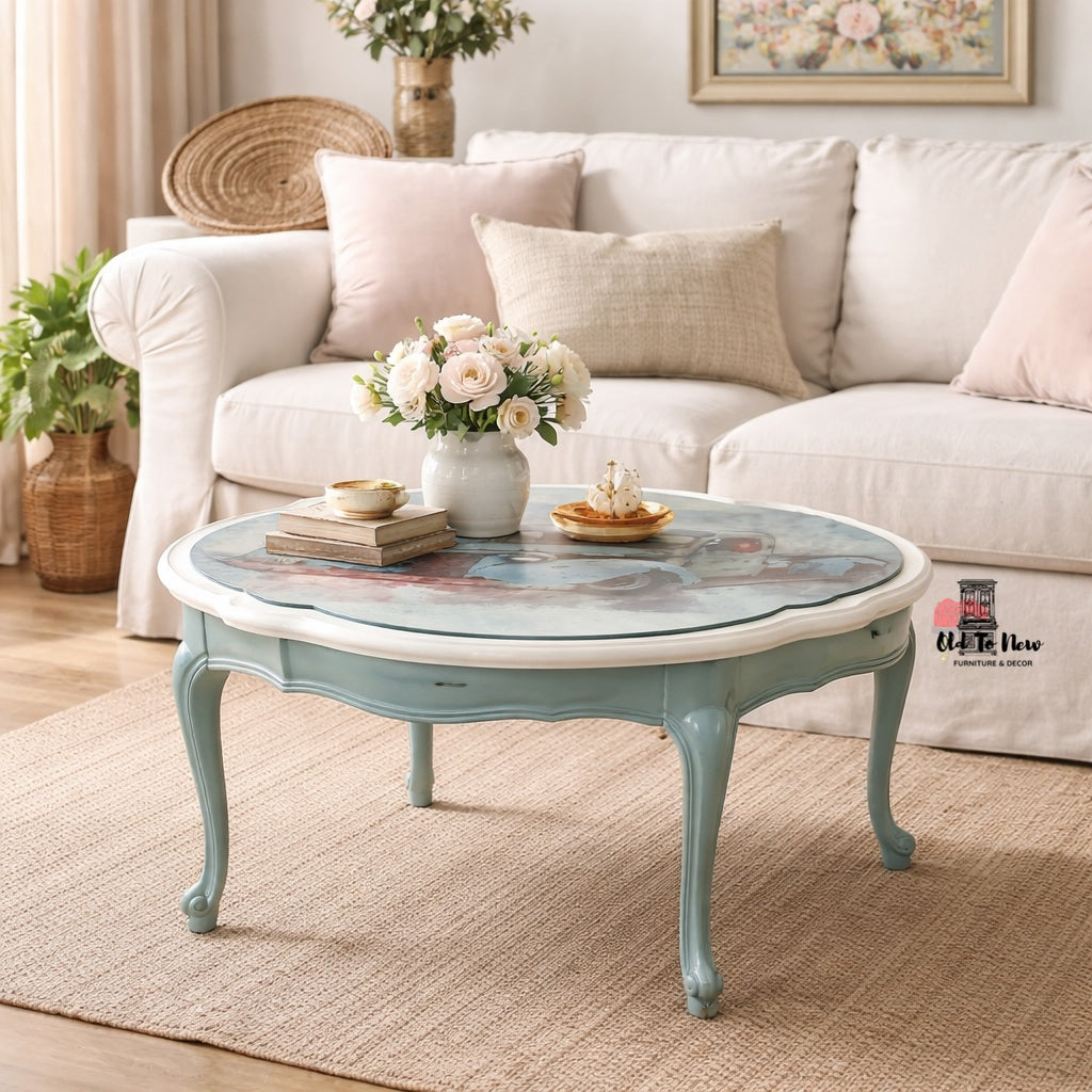 French Provincial Center Table With A Unique Antique Classic Car Decoupage Truck Print Image