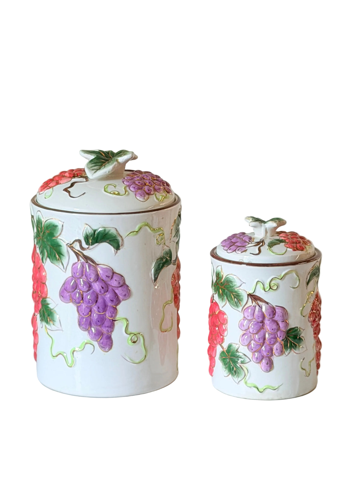 Vintage 3D Ceramic Grape Canister Set of 2 – Embossed Tuscan Kitchen Storage Jars