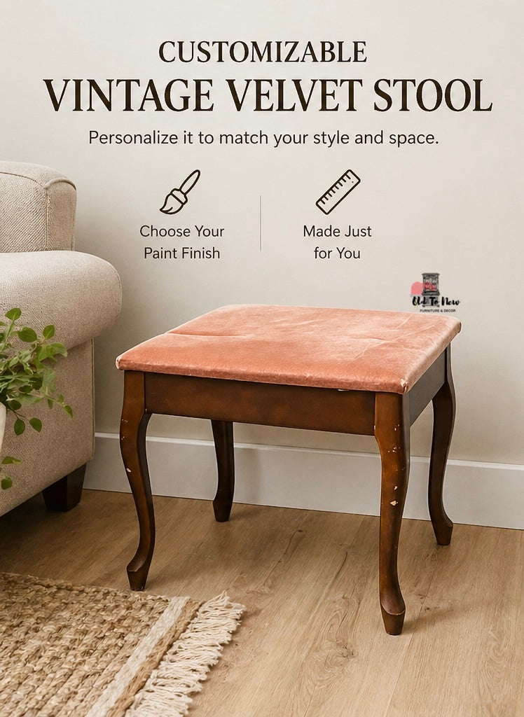 Vintage velvet stool for a customizable paint finish in a room setting.
