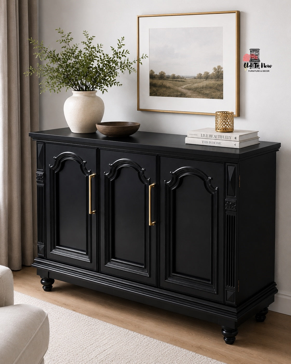 Restyled Vintage Black Sideboard with Gold Hardware | Elegant Storage Cabinet