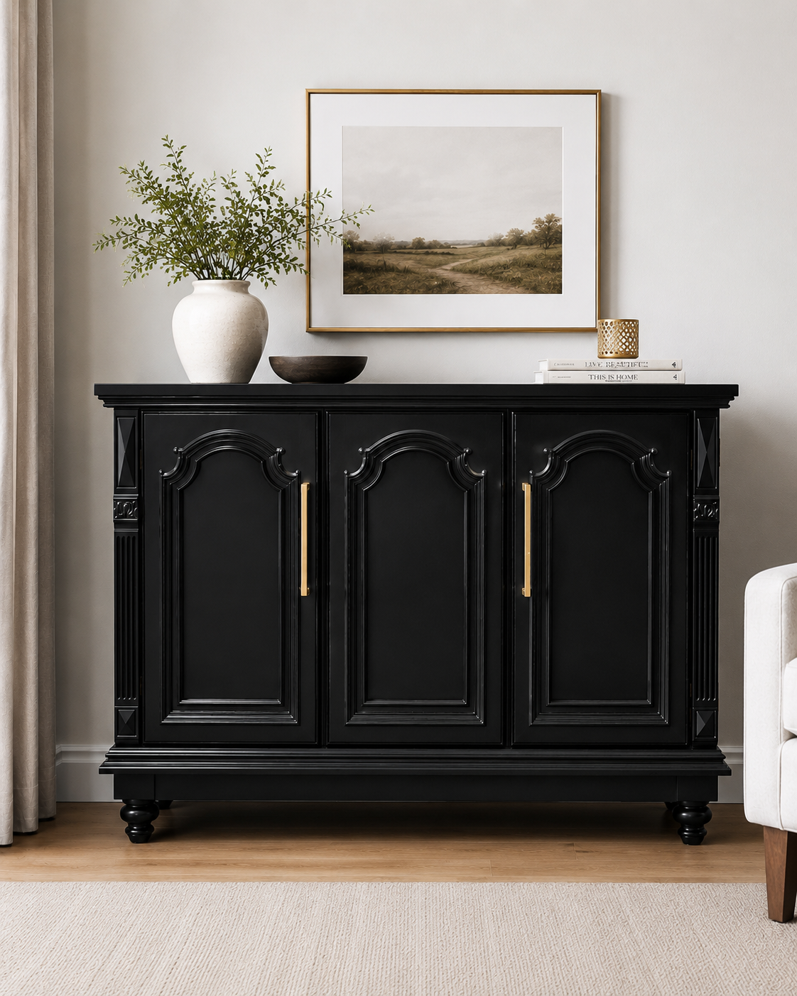 Restyled Vintage Black Sideboard with Gold Hardware | Elegant Storage Cabinet