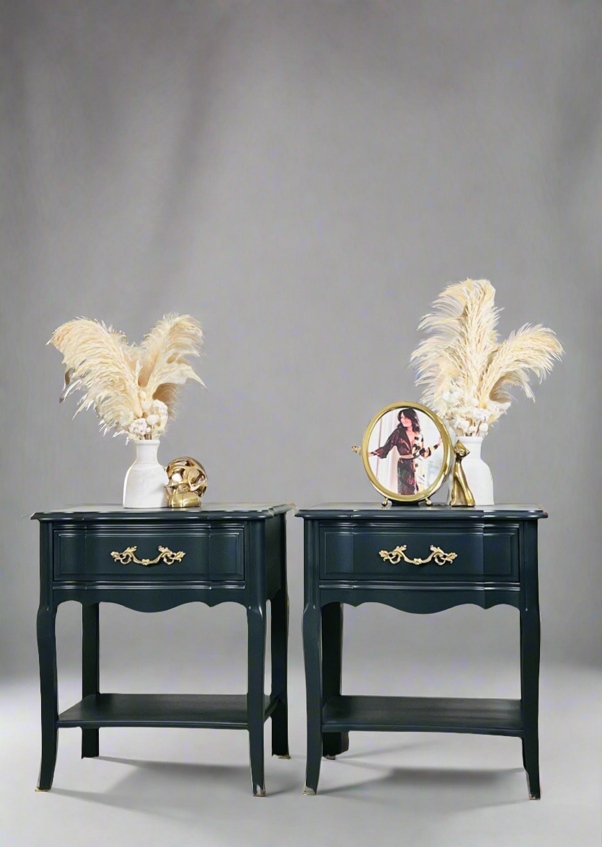 Pair of Elegant & Beautiful French Provincial Charcoal End Tables, Painted with Ash from Fusion Mineral Paint