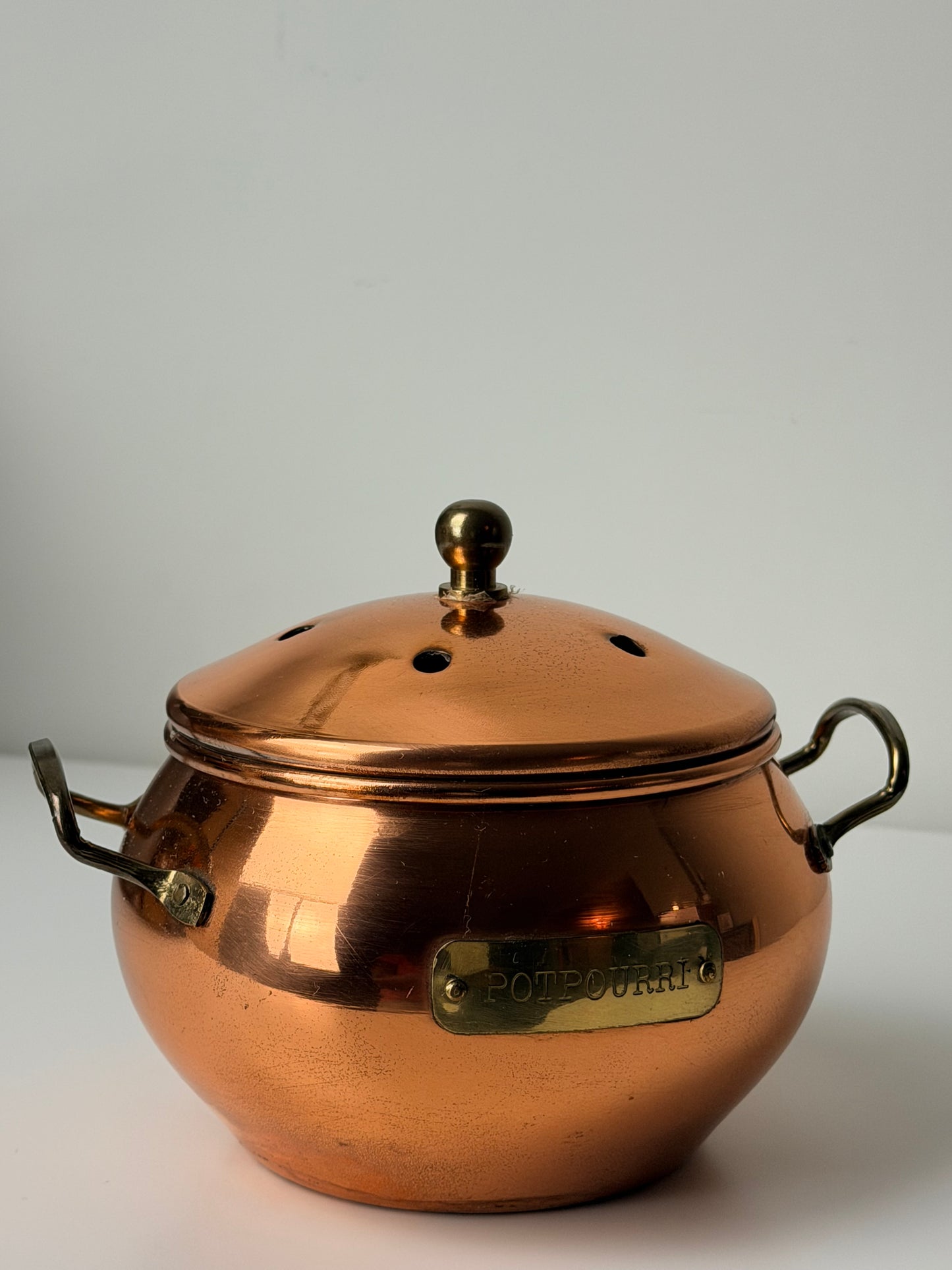 Vintage Copper Potpourri Pot With Brass Handles and Vented Lid