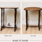 Wooden side table shown from front and top views on a plain background.