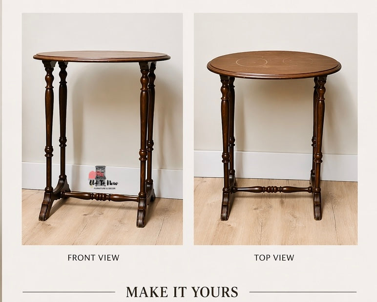 Wooden side table shown from front and top views on a plain background.