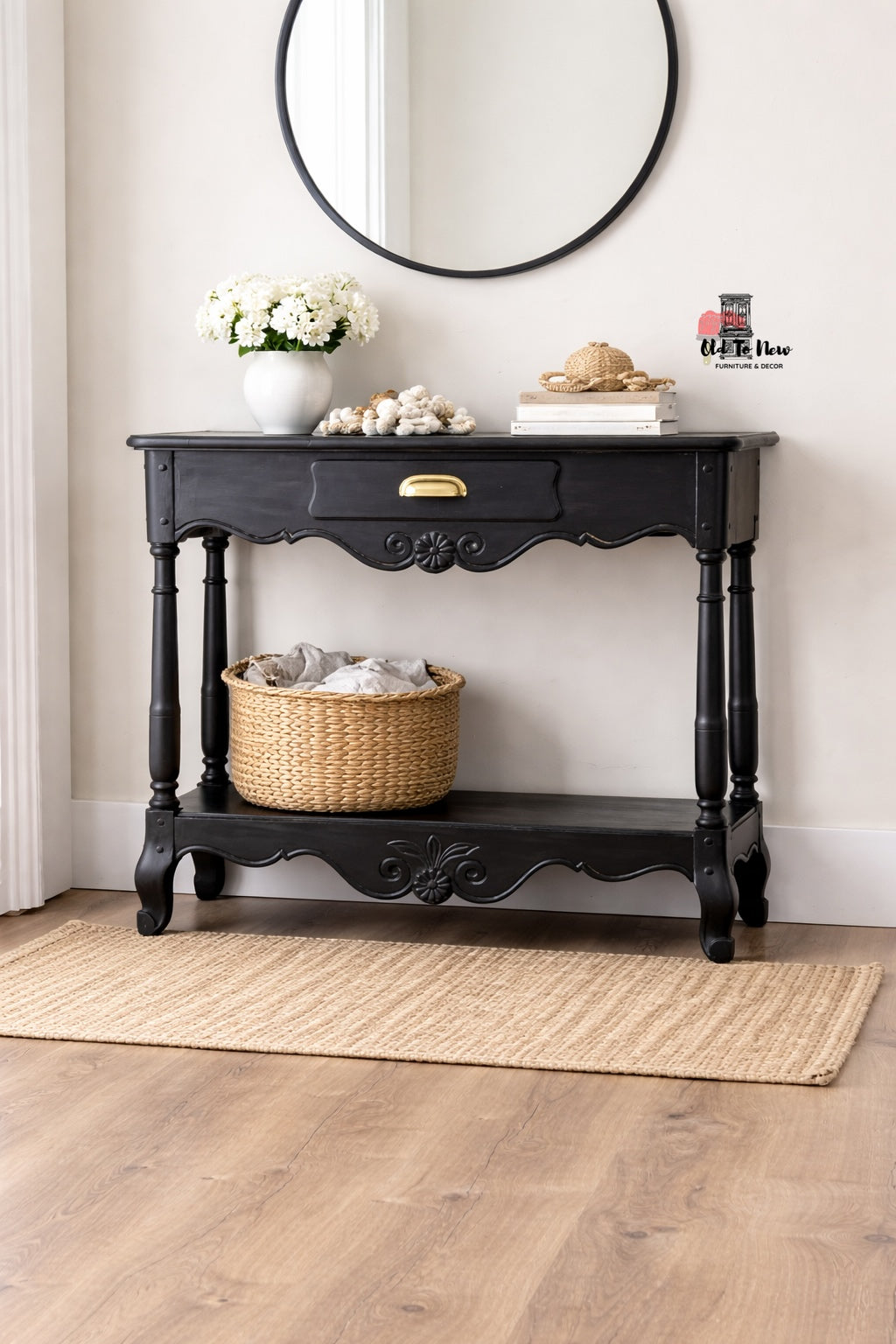 Black and Gold Console Table with Drawer for Entryway